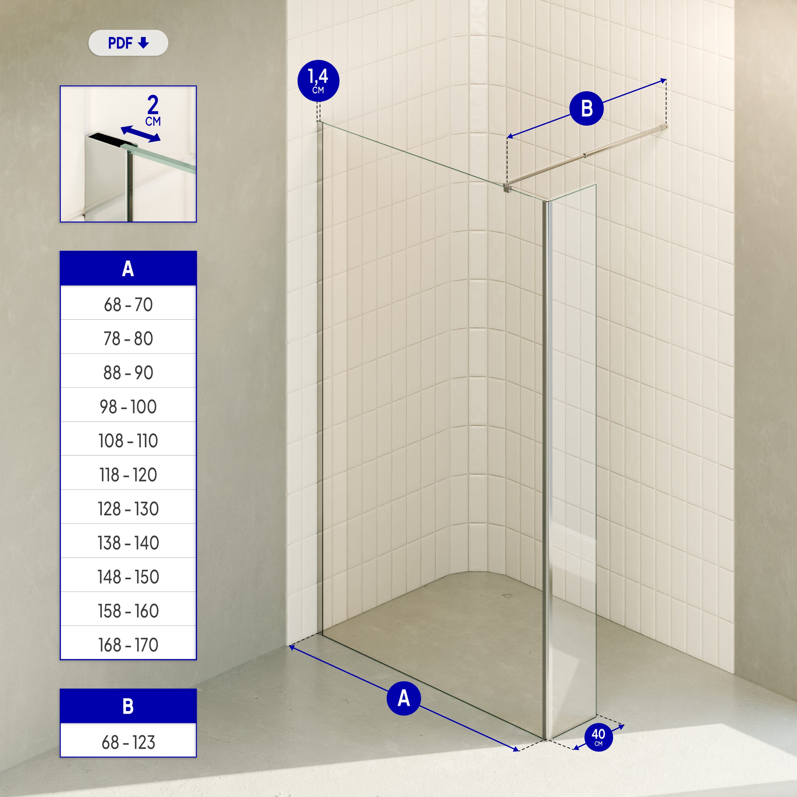 FIONA – Walk In Dusche aus 10 mm klarem ESG Sicherheitsglas mit Spritzschutz