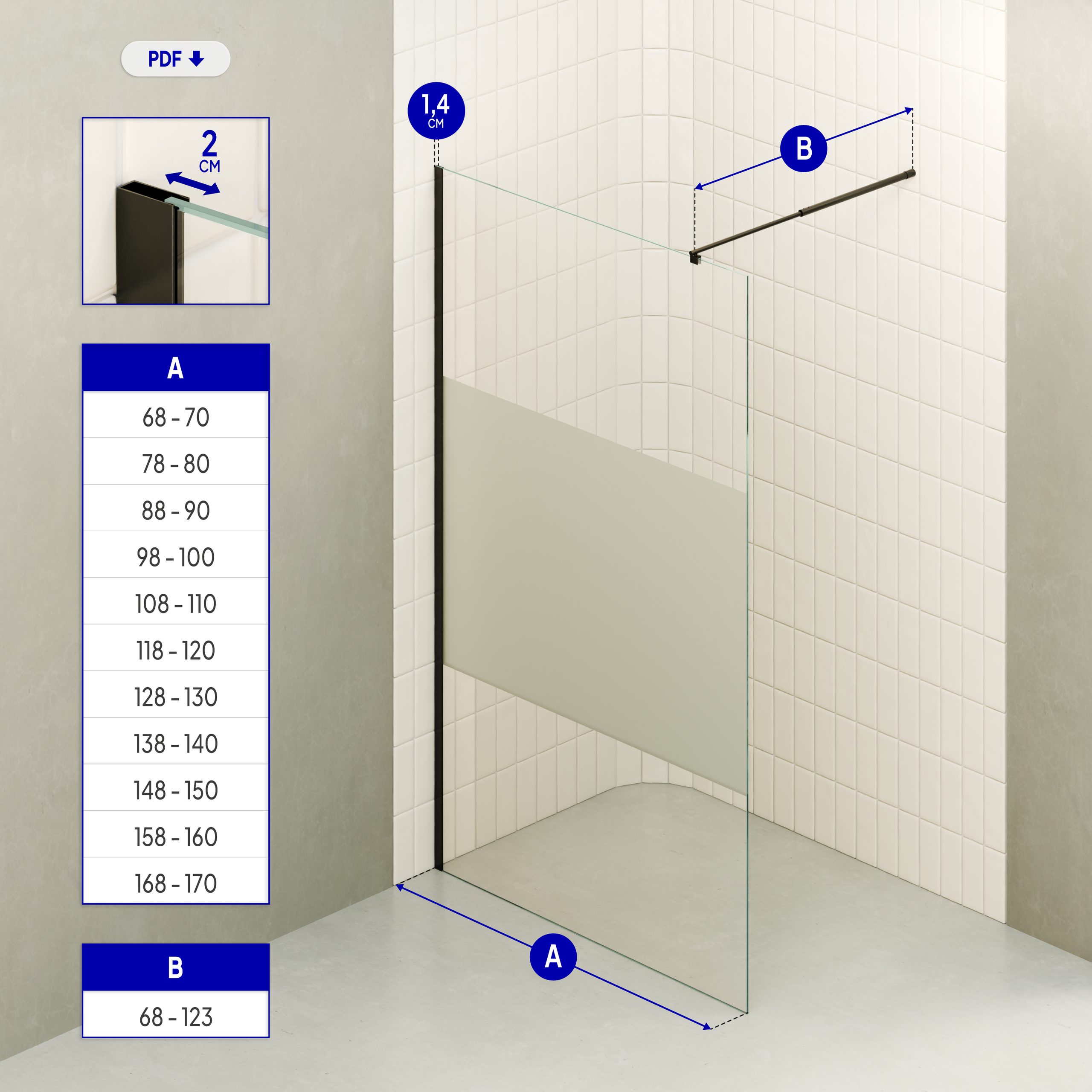 Walk-In Shower Fiona made of 10 mm thick partially frosted ESG safety glass and black aluminum profile. Walk-In Shower Fiona made of 10 mm thick partially frosted ESG safety glass and black aluminum profile.