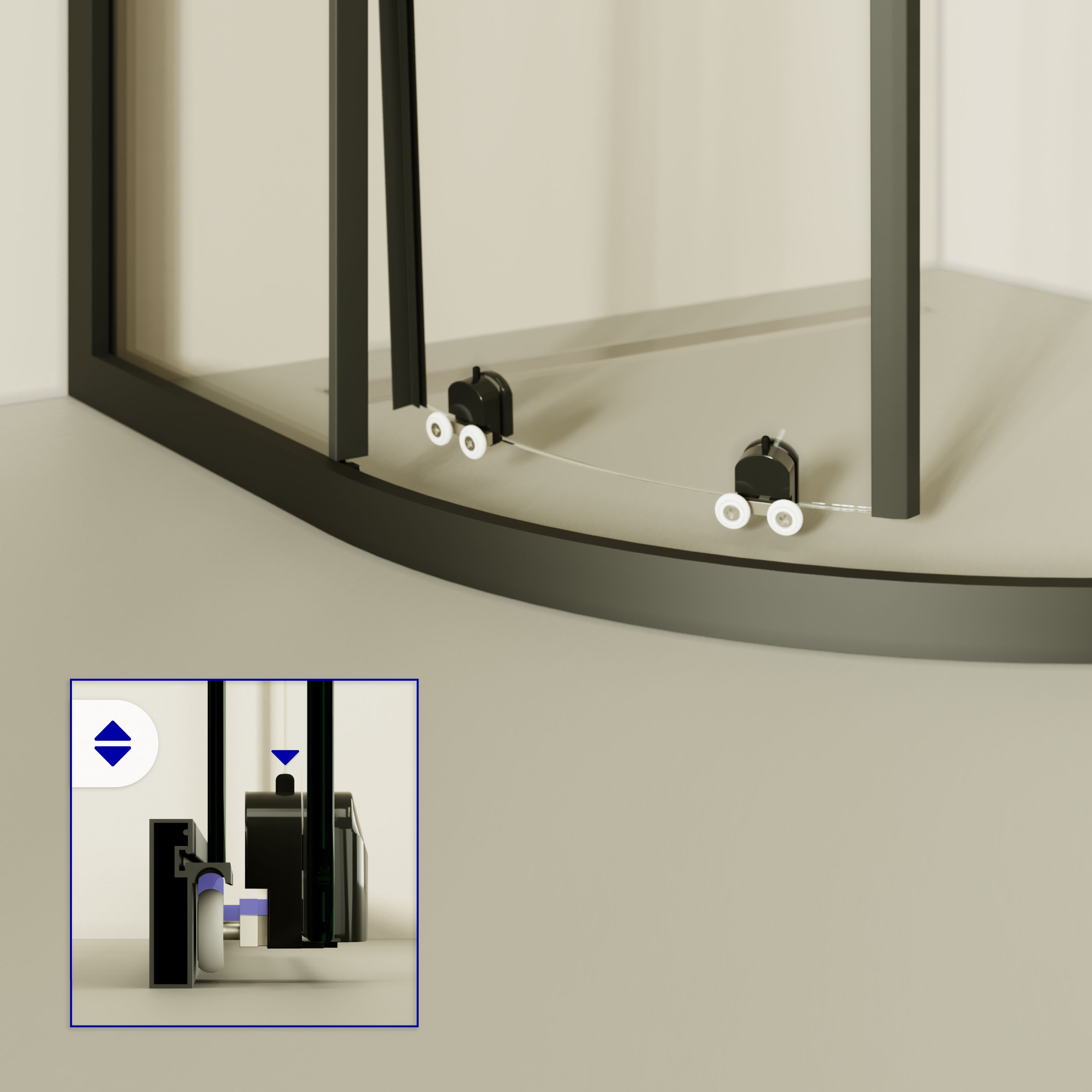 Quarter Circle Shower Ella with Sliding Doors made of Striped ESG Glass and Black Aluminum Profiles Ella – Viertelkreisdusche mit Schiebetüren aus gestreiftem ESG Glas mit schwarzen Aluminium Profile