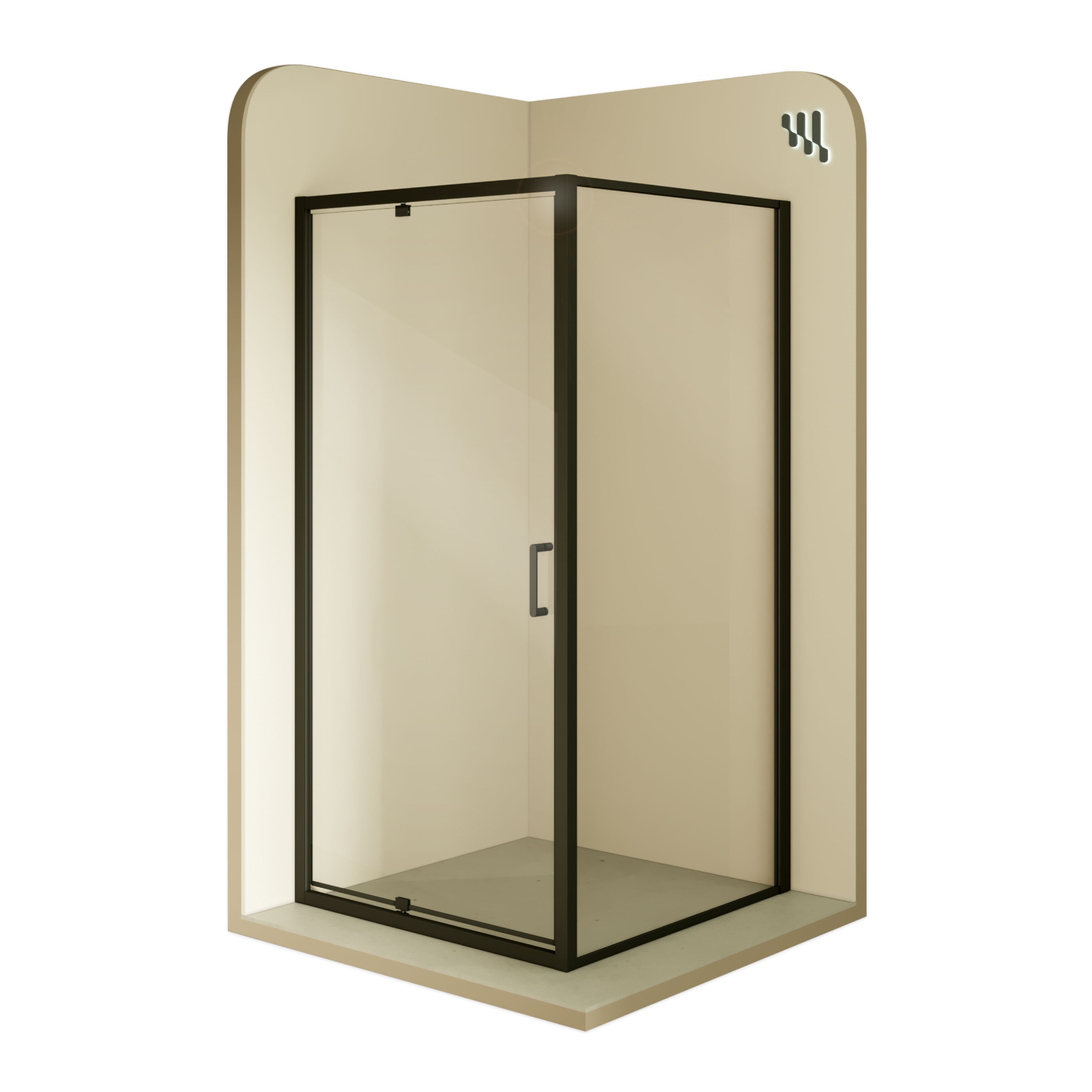 Front-entry Isadora with folding door and black profiles made of ESG safety glass.