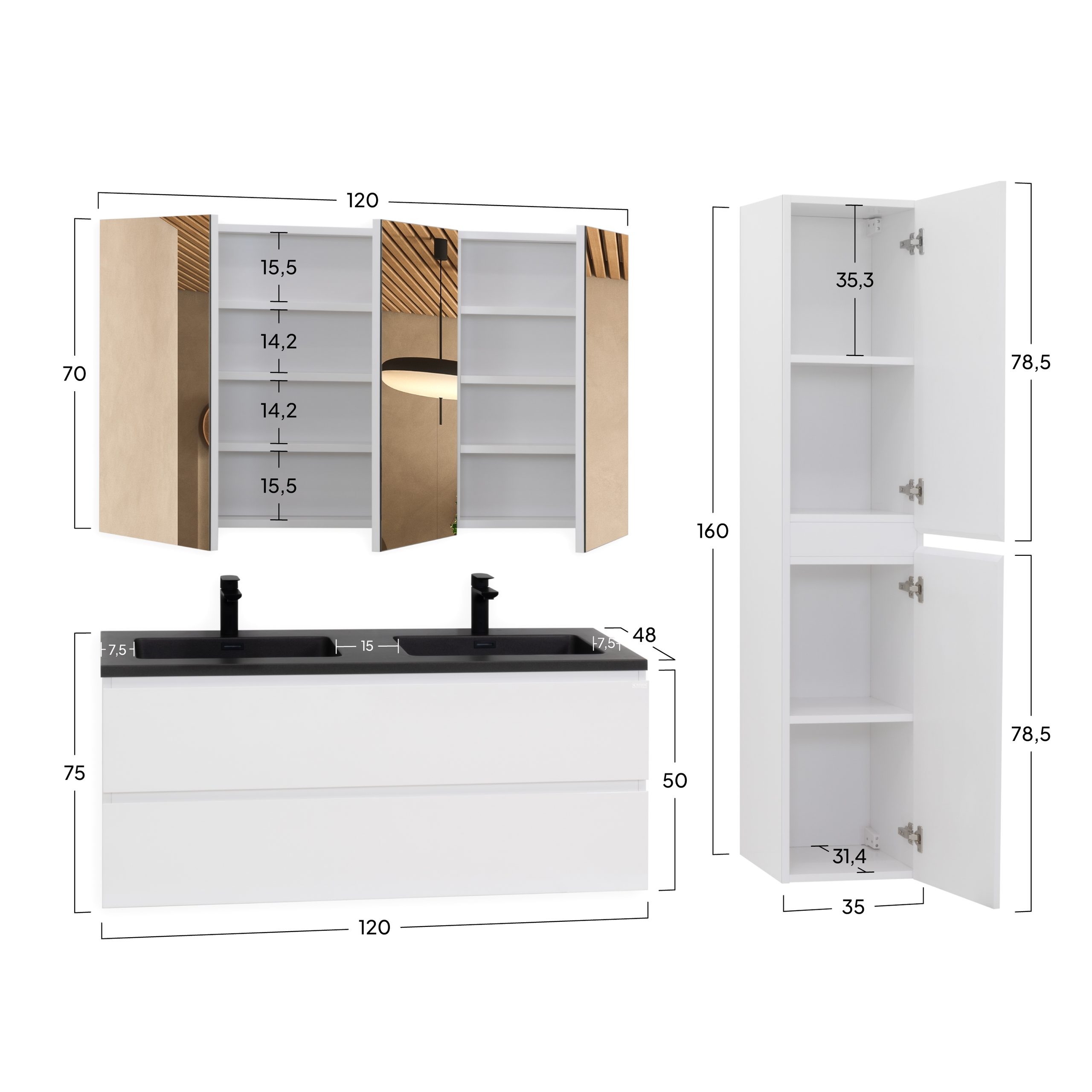 Badmöbel-Set Atena [120 cm] mit Mineralharz-Waschbecken in Hochglanz Schwarz, Unterschrank mit Spiegel und hängendem Hochschrank in Weiß