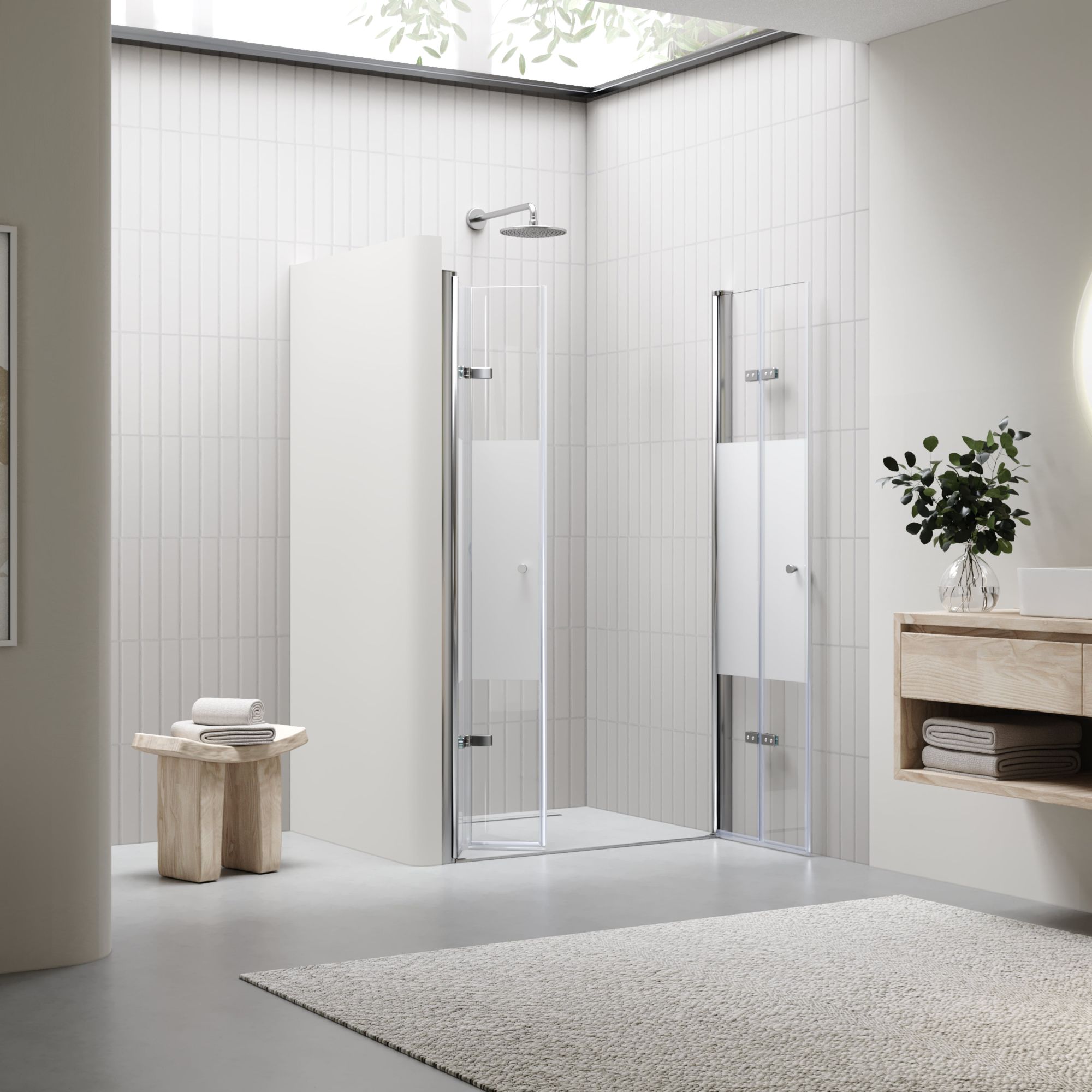 Duschtür Lena mit Falttüren aus teilsatiniertem ESG Sicherheitsglas