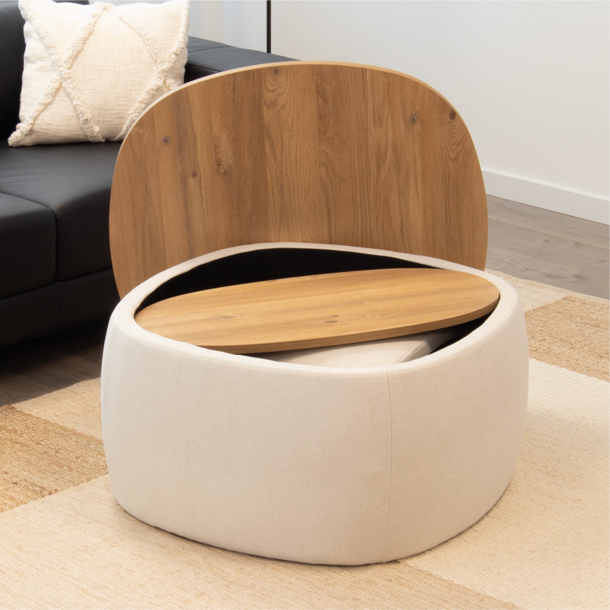 Nisami – 2er-Set Couchtische – flexibel kombinierbare Satztische mit schwarzem Stoffbezug und Holzdekor in Weiß