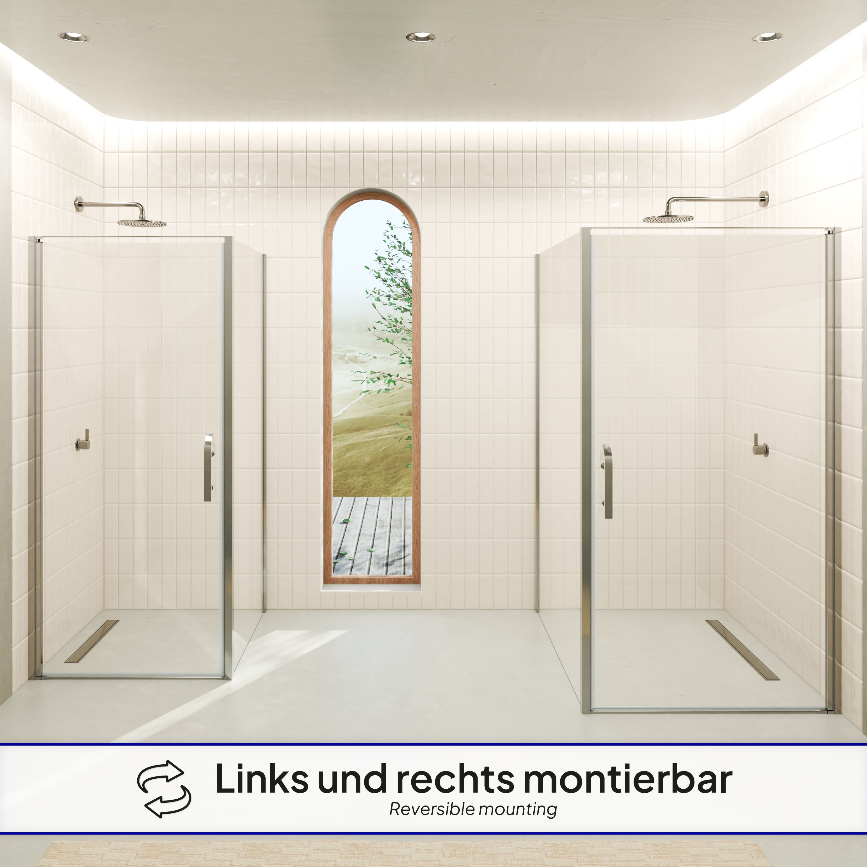 Front-entry Nicole with folding door made of 8 mm tempered safety glass. Nicole – Fronteinstieg mit Klapptür aus 8 mm ESG Sicherheitsglas
