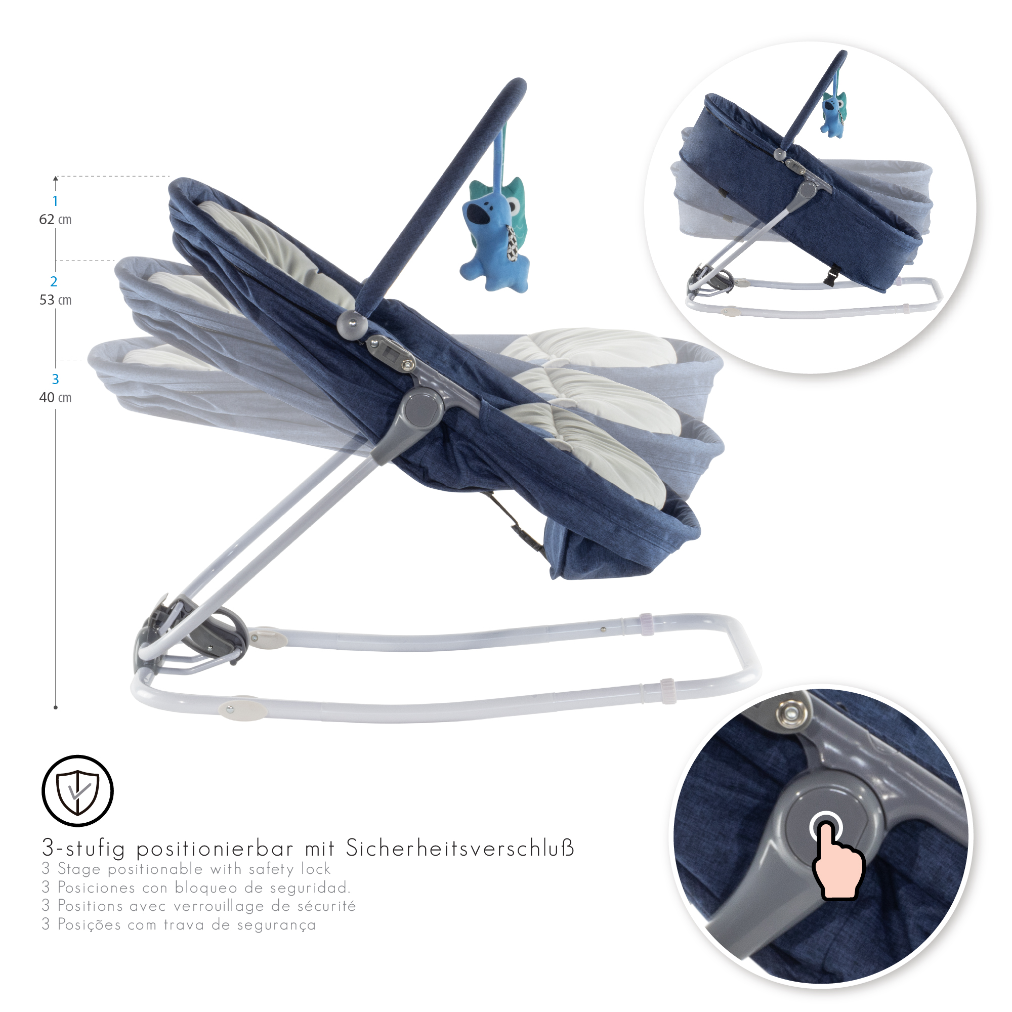 Babywippe PAVO mit Wiegenfunktion und Spielebogen Blau + Grau Babywippe PAVO mit Wiegenfunktion und Spielebogen Blau + Grau