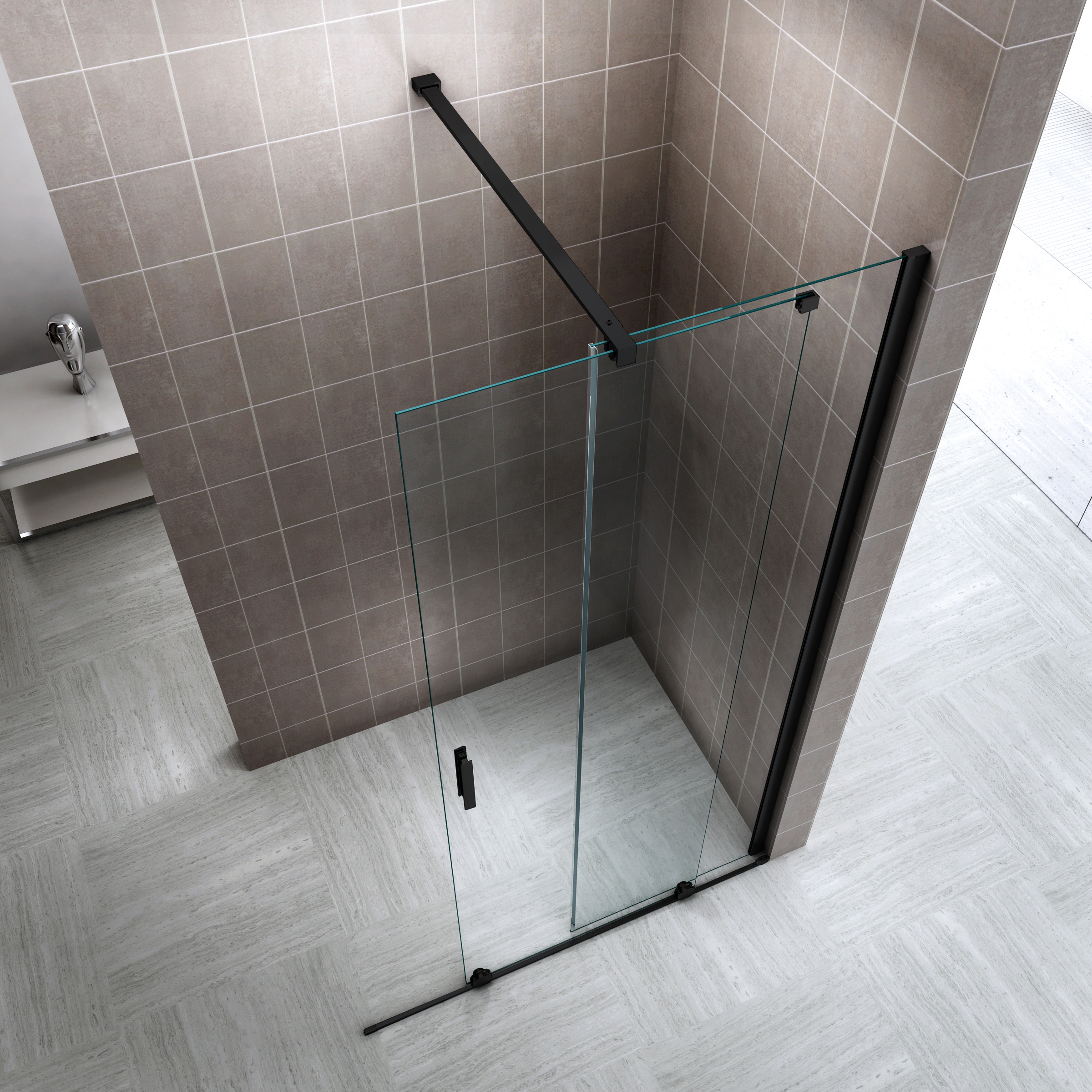 Walk In Duschwand NADINE mit Schiebetür in Schwarz aus 8mm ESG Klarglas