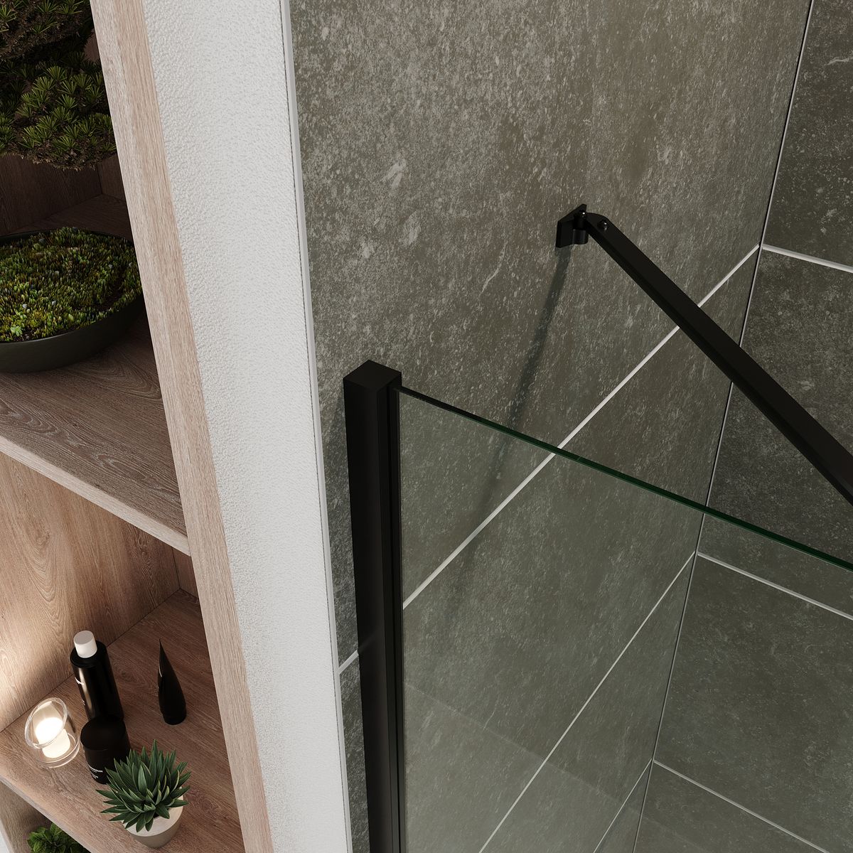 Eckeinstieg Celine mit Klapptüren und schwarzen Profilen aus ESG Sicherheitsglas Eckeinstieg Celine mit Klapptüren und schwarzen Profilen aus ESG Sicherheitsglas