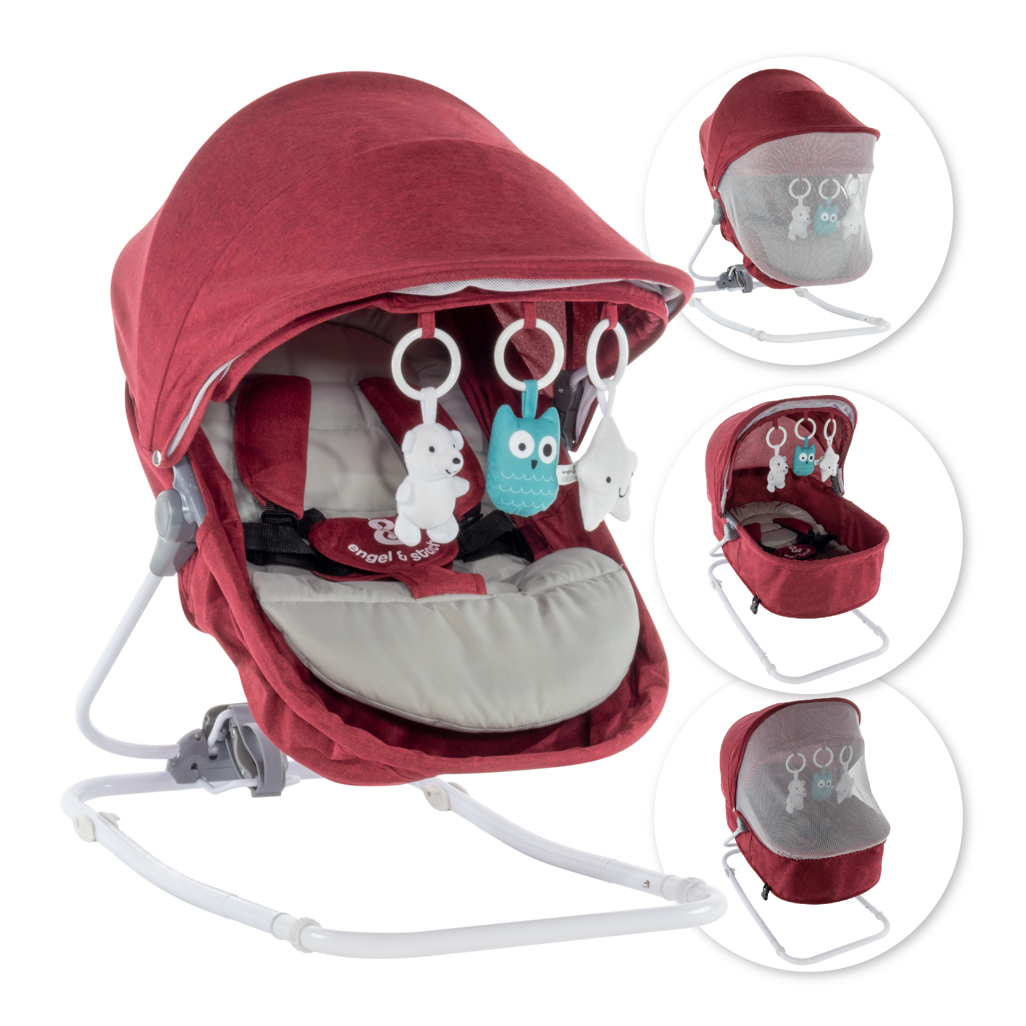 Babywippe PAVO mit Wiegenfunktion und Spielebogen Rot + Grau Babywippe PAVO mit Wiegenfunktion und Spielebogen Rot + Grau