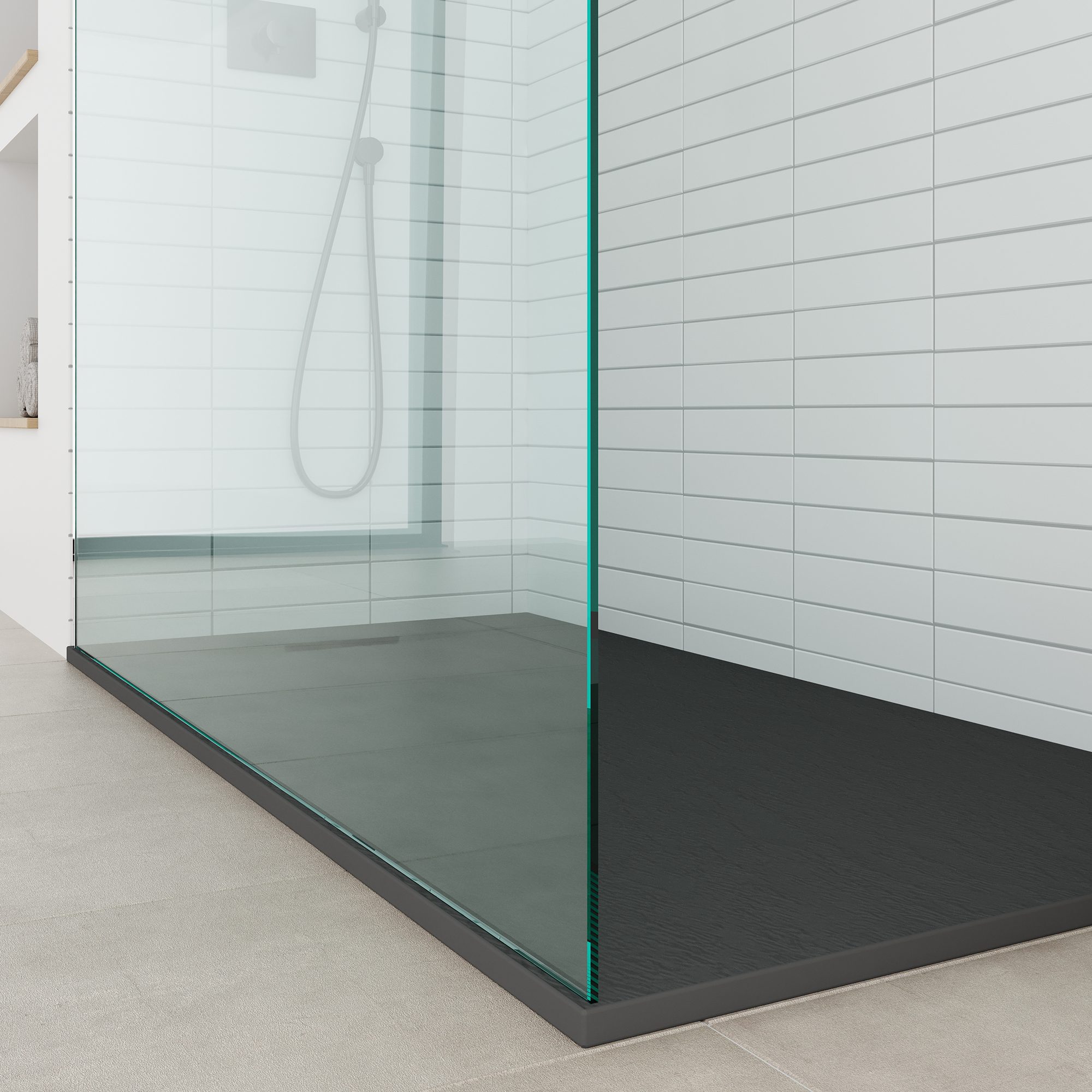 SMC Shower Tray Polar in Stone Look with Drain Assembly - Black
