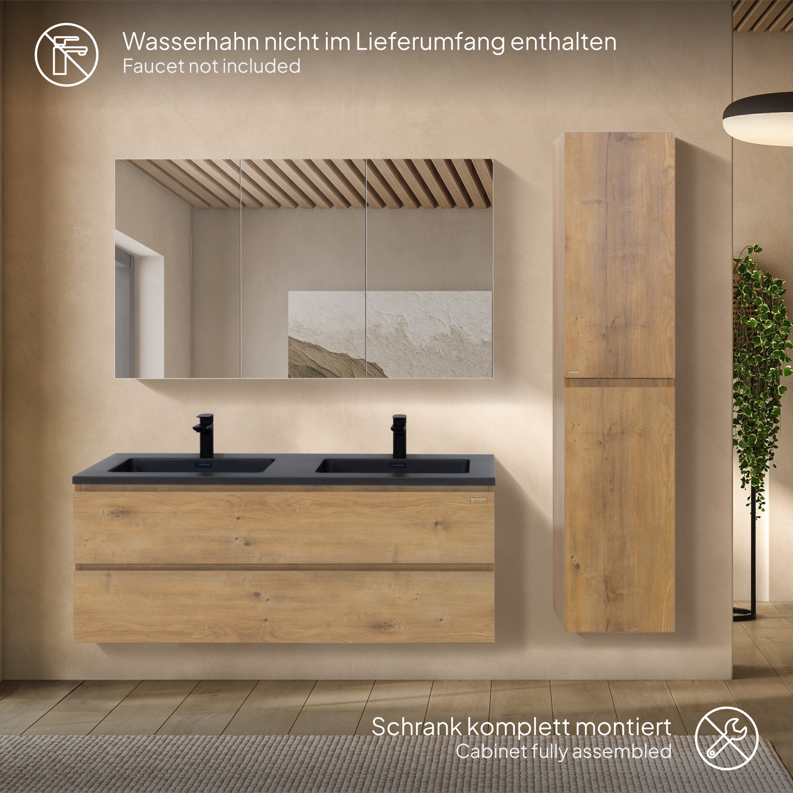 Badmöbel-Set Atena [120 cm] mit Mineralharz-Waschbecken in Hochglanz Schwarz, Unterschrank mit Spiegel und hängendem Hochschrank in Eiche