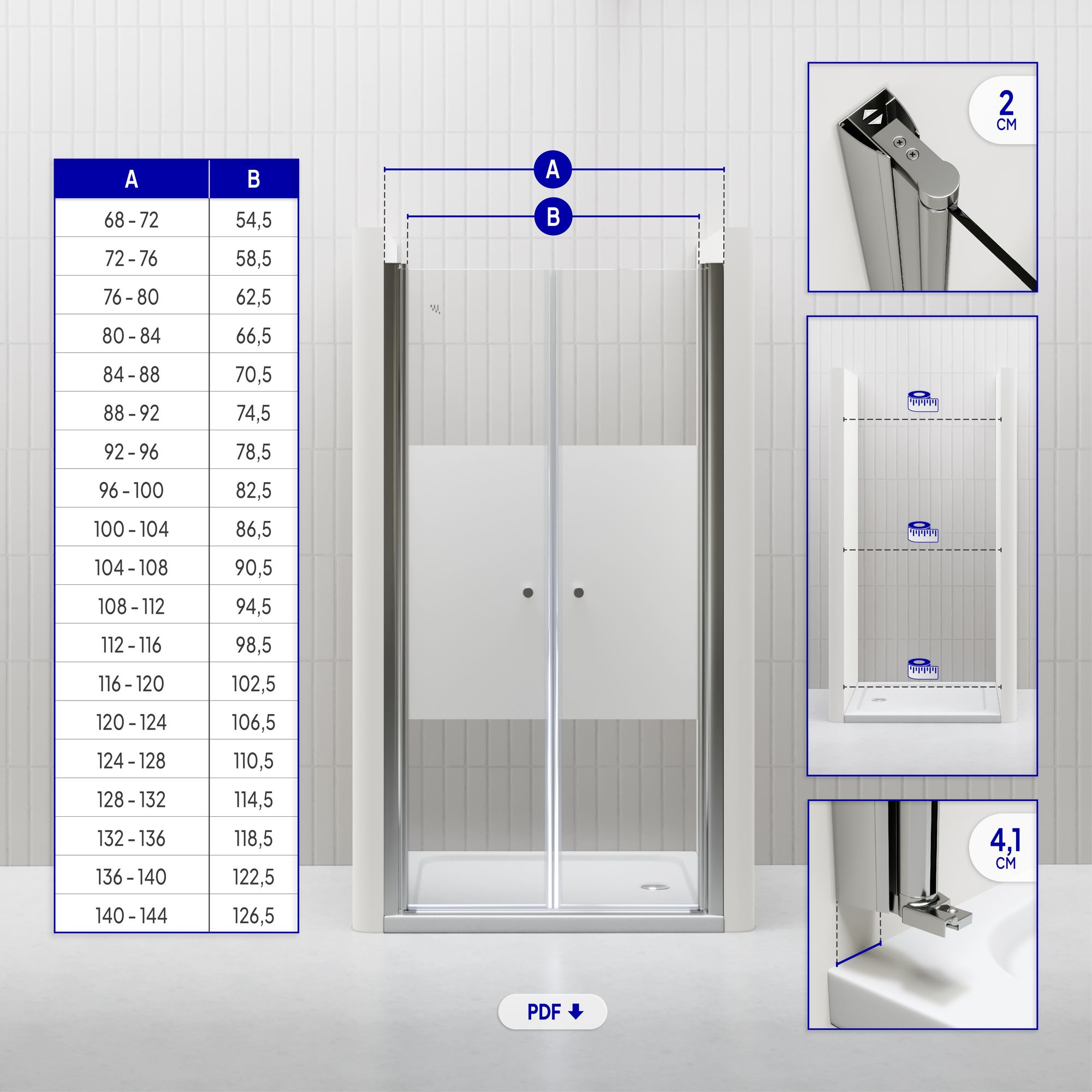 Duschtür Lima mit Pendeltüren 68-140 cm aus teilsatiniertem ESG Sicherheitsglas