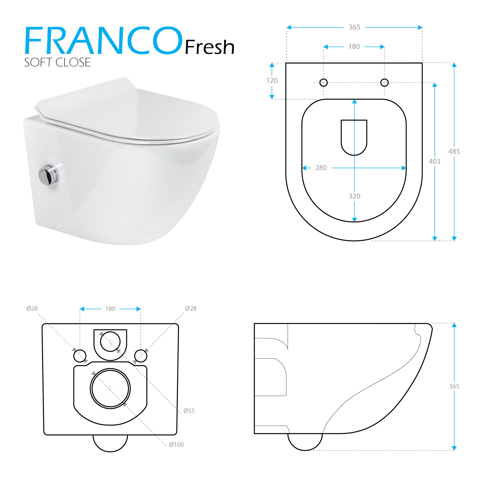 Dusch-WC Franco Fresh mit Bidetfunktion, spülrandloses Wand-WC in Weiß