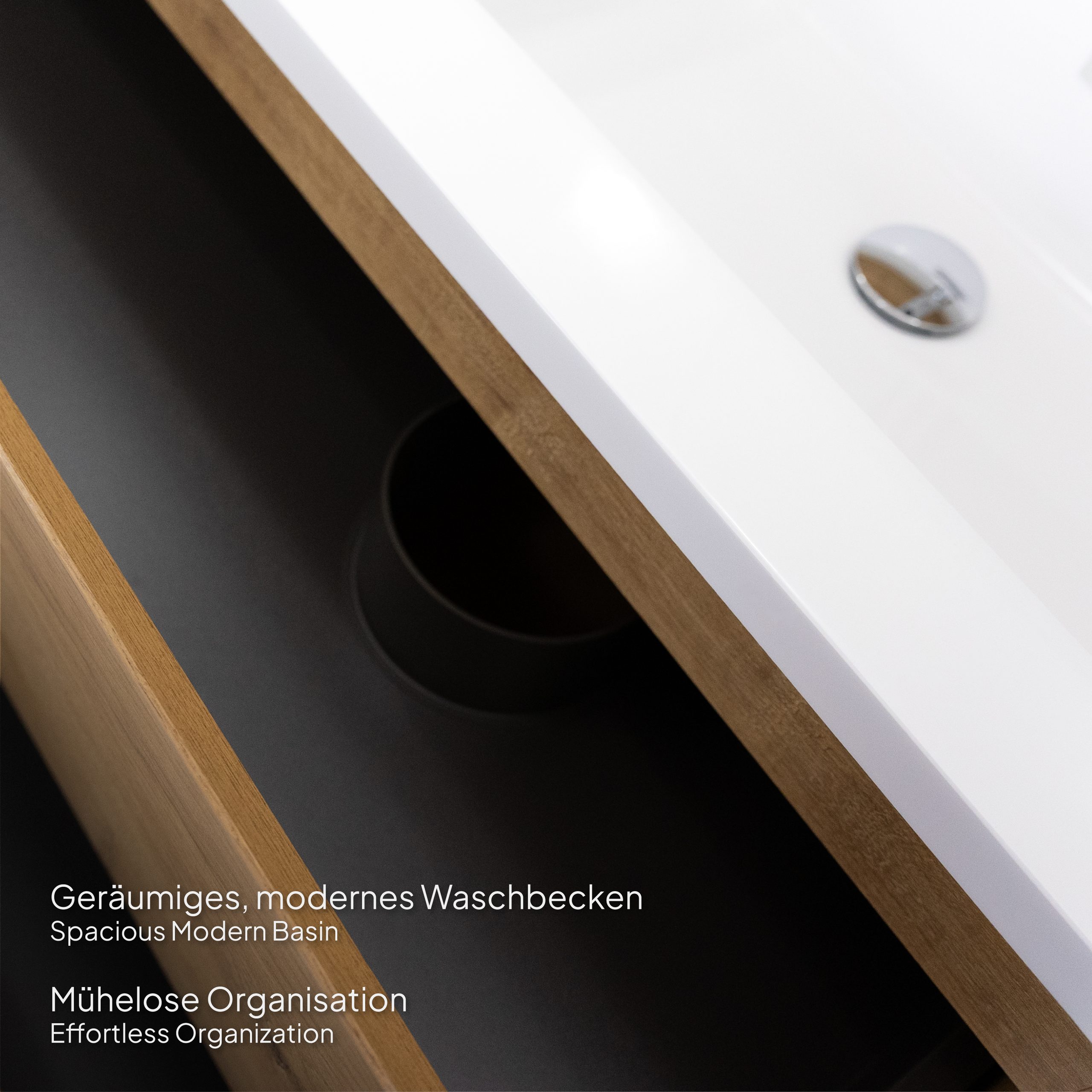 Badmöbel-Set Atena [120 cm] mit Mineralharz-Waschbecken in Hochglanz Weiß, Unterschrank mit Spiegel und hängendem Hochschrank in Eiche