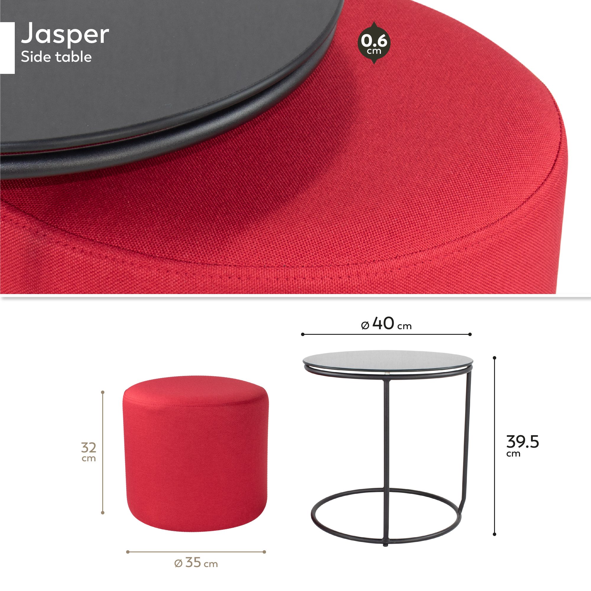 Side Table with Stool JASPER - Round Coffee Table 40x40 cm Black-Red N5