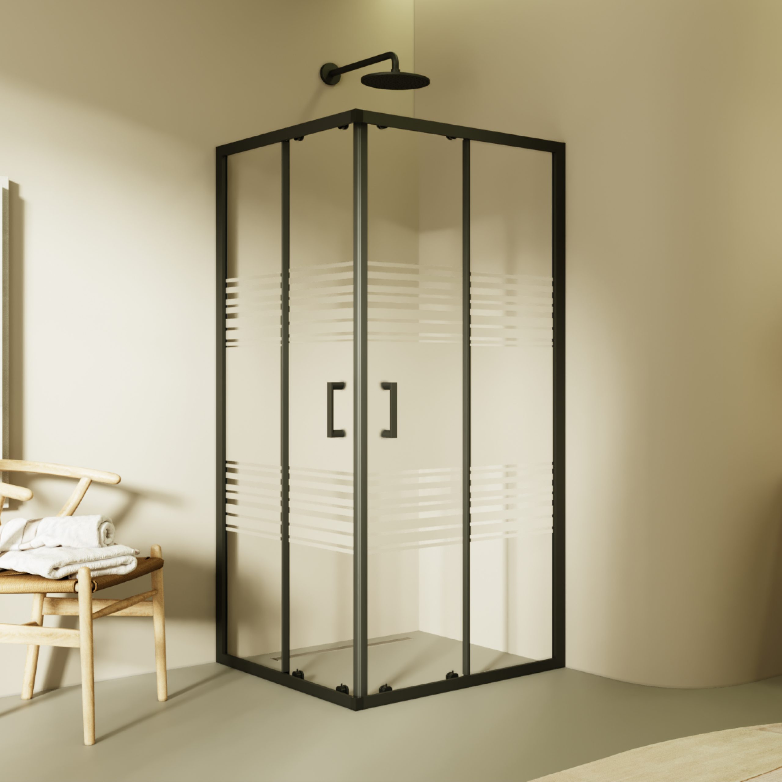 Corner entry Danielle with sliding doors made of partially frosted ESG safety glass.