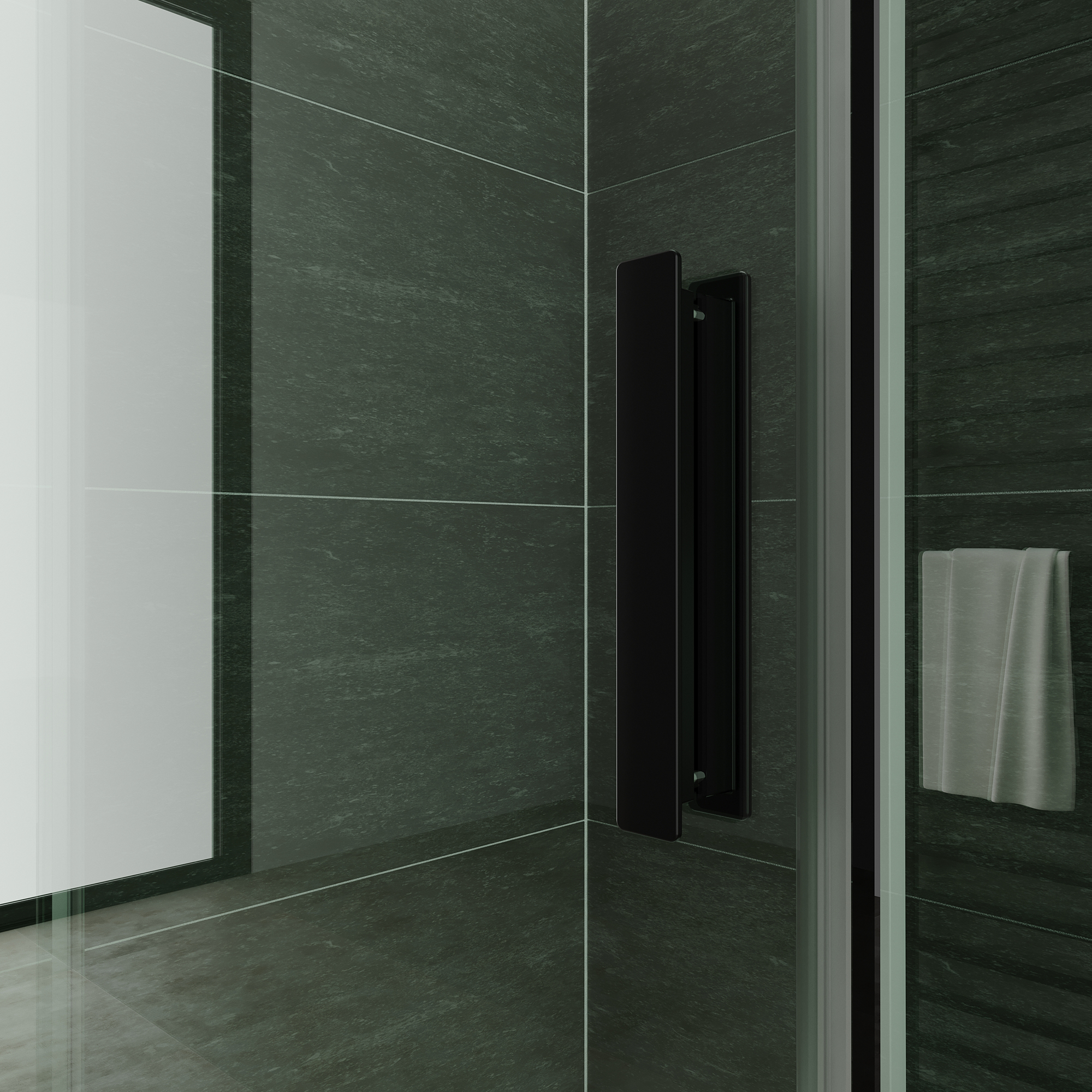 Fronteinstieg NADINE mit Schiebetür in Schwarz aus 8mm ESG Klarglas Fronteinstieg NADINE mit Schiebetür in Schwarz aus 8mm ESG Klarglas