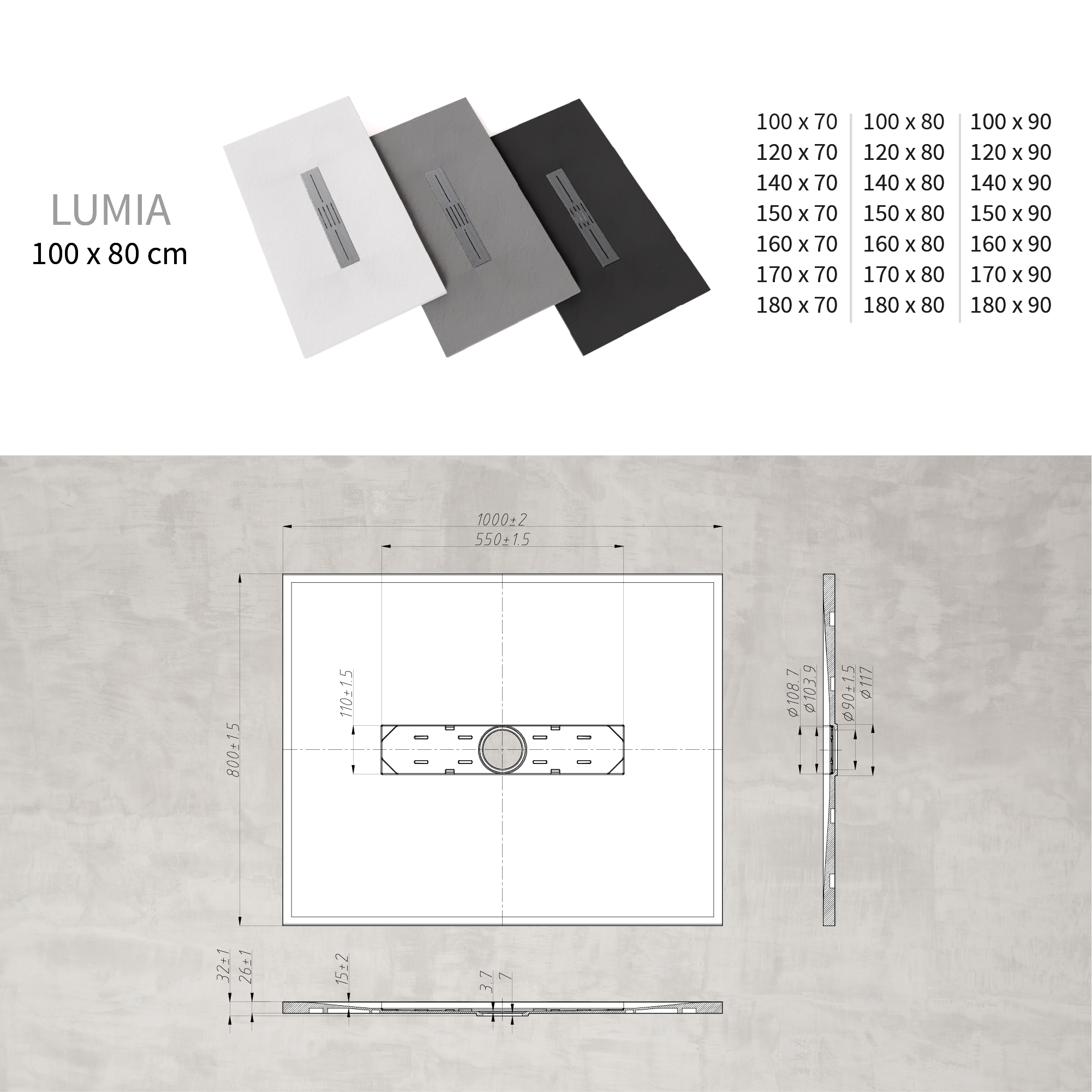 SMC Shower Tray Lumia in Slate Finish with White Waste Set