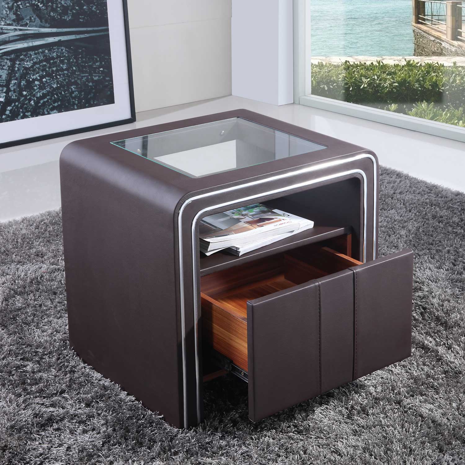 Nachttisch Kommode Nachtkonsole Braun aus hochwertigem Kunstleder - S85