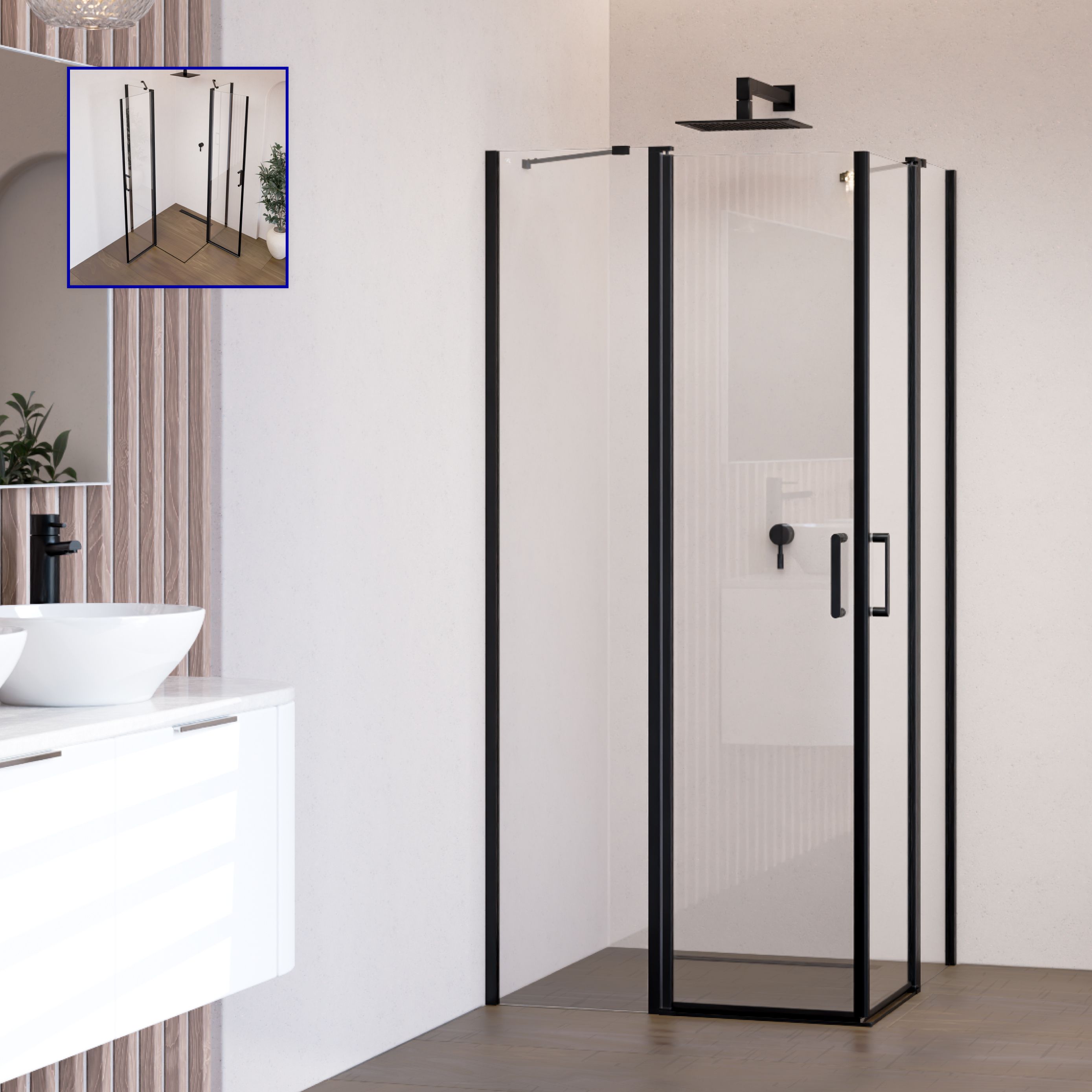 Corner Entry Linda with Folding Doors and Black Profiles Made of ESG Safety Glass