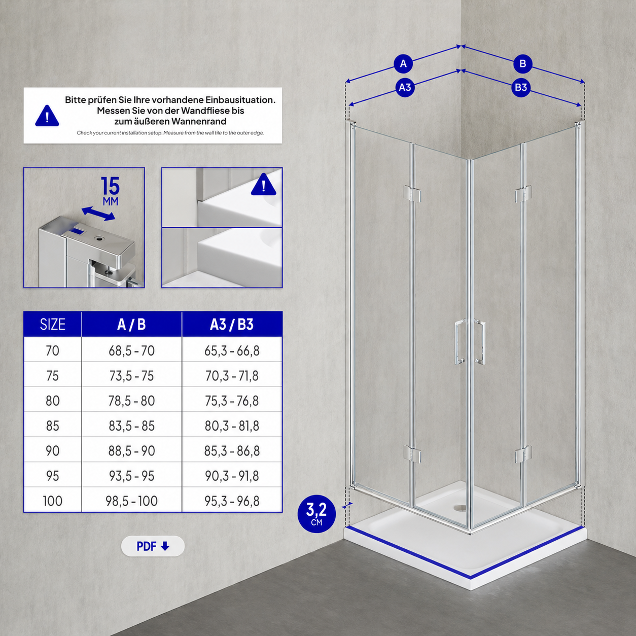Corner entry Belle with folding doors made of 6mm tempered safety glass Belle – Eckeinstieg mit Falttüren aus 6mm ESG Sicherheitsglas