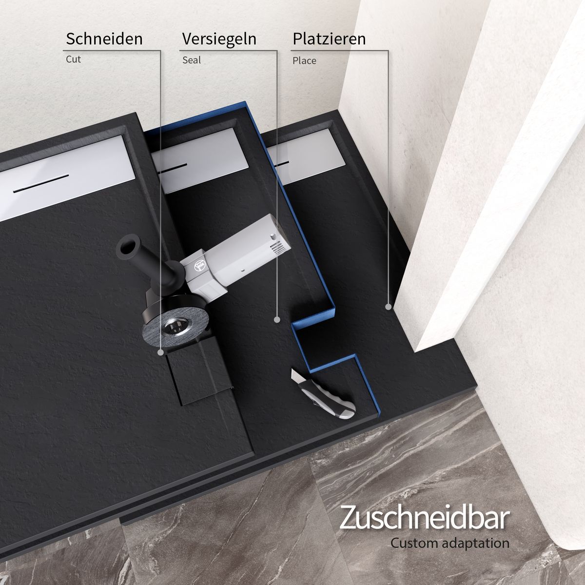 SMC Duschwanne Hiemal in Schieferoptik inkl. Ablaufgarnitur Schwarz mit Edelstahldeckel SMC Duschwanne Hiemal in Schieferoptik inkl. Ablaufgarnitur Schwarz mit Edelstahldeckel 90x90 cm