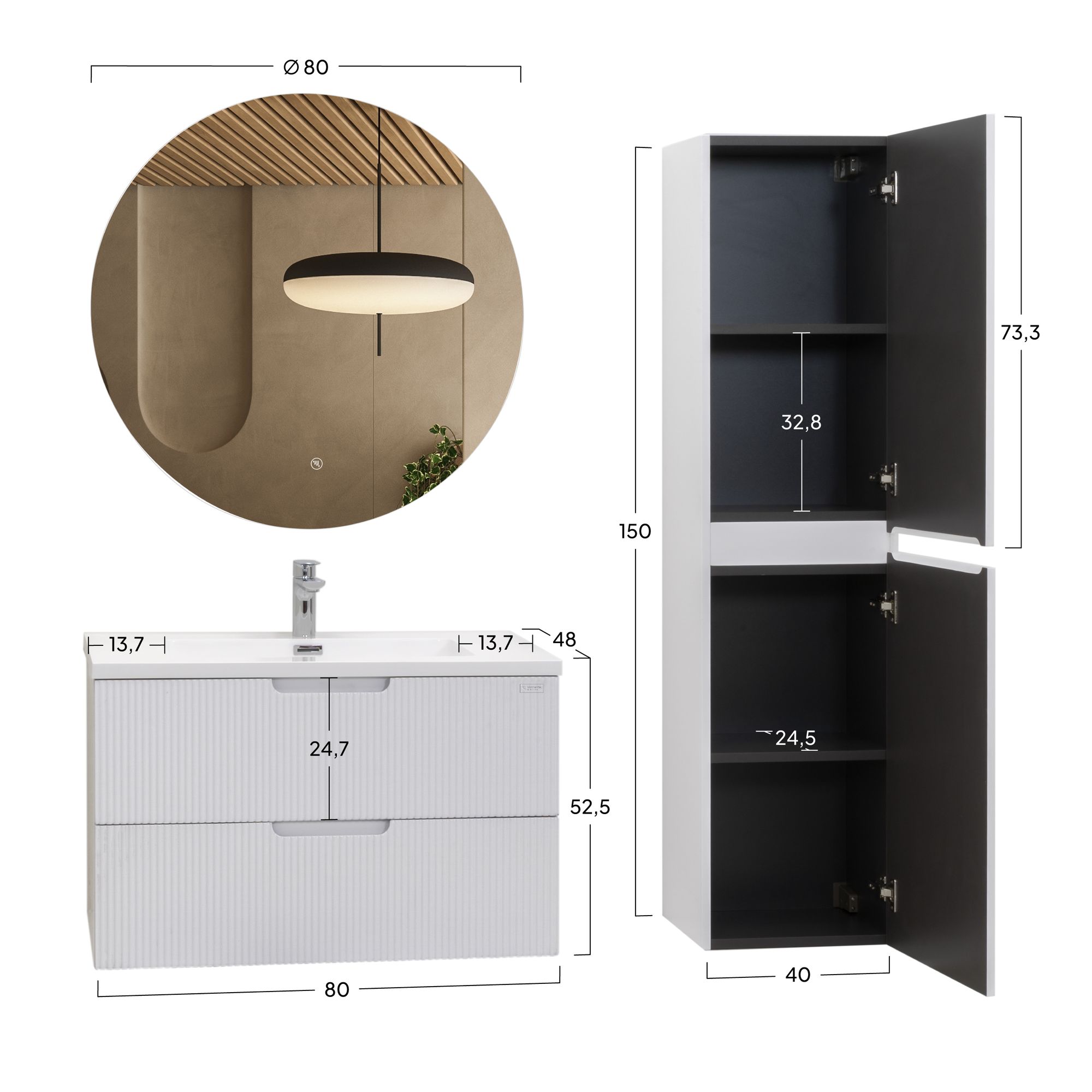 Modular – Badmöbelset Tália – Weißer Resin-Waschtisch, Wandhängender Schrank in Weiß, Rundspiegel & Seitenmodul (60/80/100 cm)