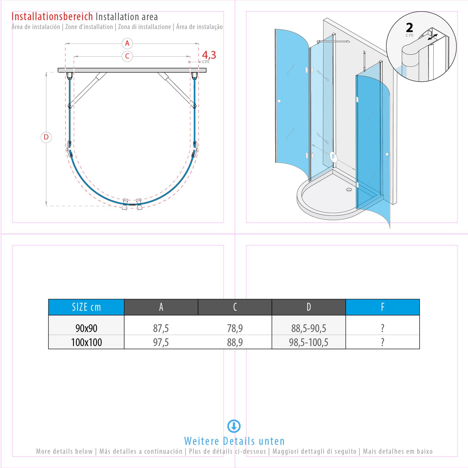 Halbkreisdusche Andrea mit Klapptüren aus ESG Sicherheitsglas Halbkreisdusche Andrea mit Klapptüren aus ESG Sicherheitsglas