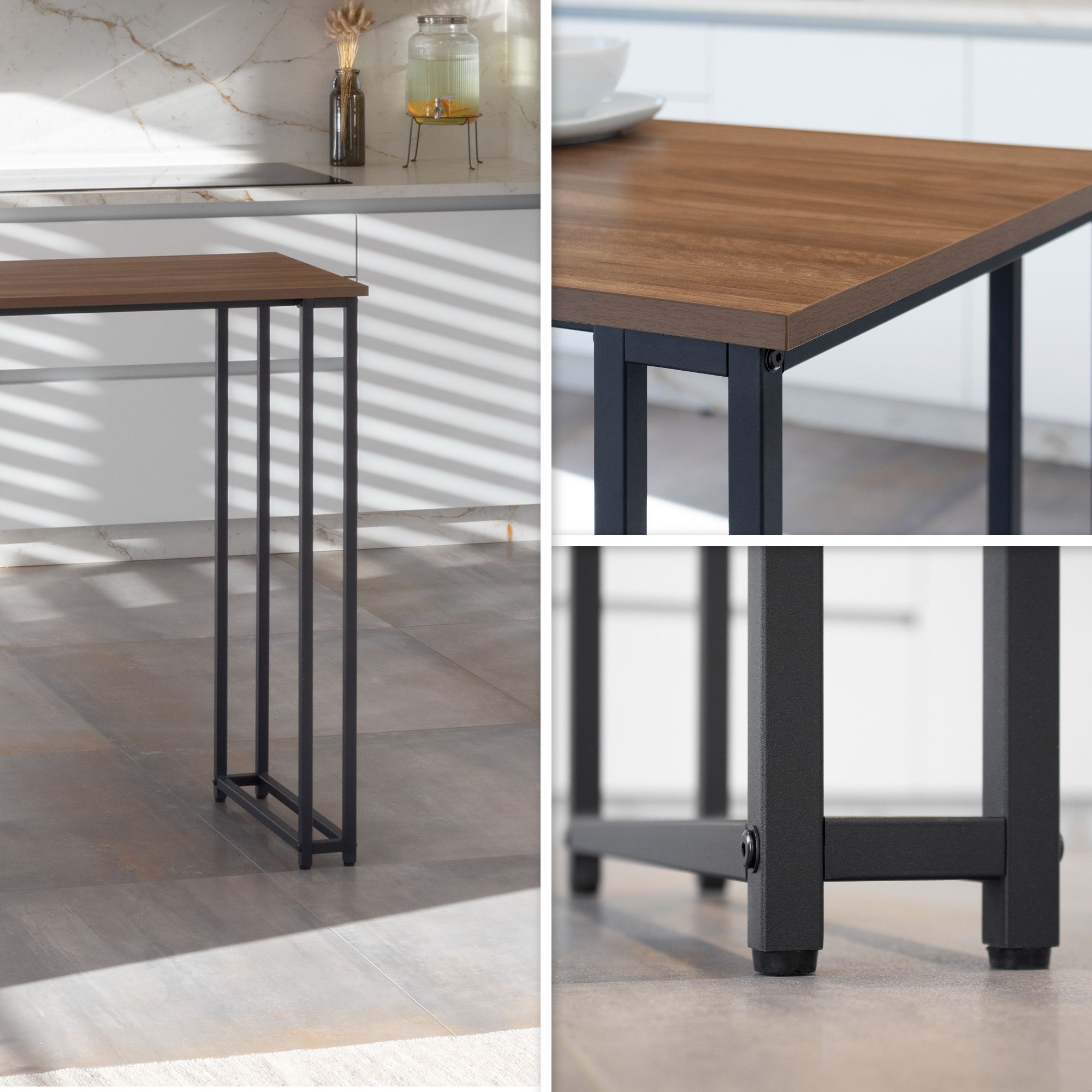 i-flair Stehtisch Bartisch Gavin – Stehtisch mit Stahlrahmen und 2 Ablageflächen & Glashalter Walnuß Bar – i-flair Standing Table Table Gavin – Standing Table with Steel Frame and 2 Shelves & Glass Holder in Walnut Finish