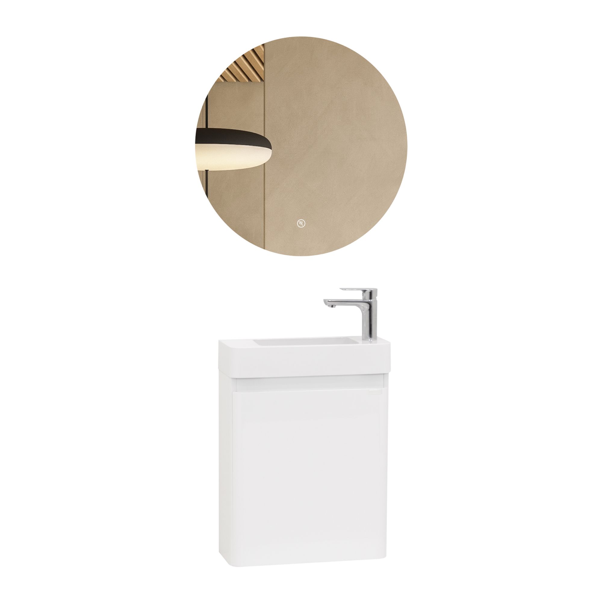 Kompakt-Badmöbel Galene 45 cm – Weiß Hochglanz, Mineralguss-Waschtisch, Wandhängend Kompakt-Badmöbel Galene 45 cm – Weiß Hochglanz, Mineralguss-Waschtisch, Wandhängend