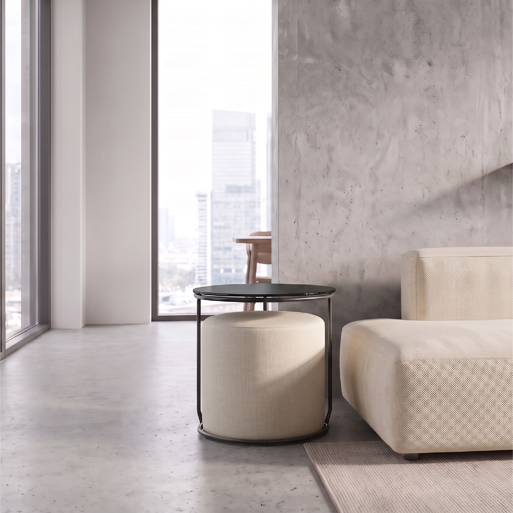 Side Table with Stool JASPER - Round Coffee Table 40x40 cm Black-Beige N1