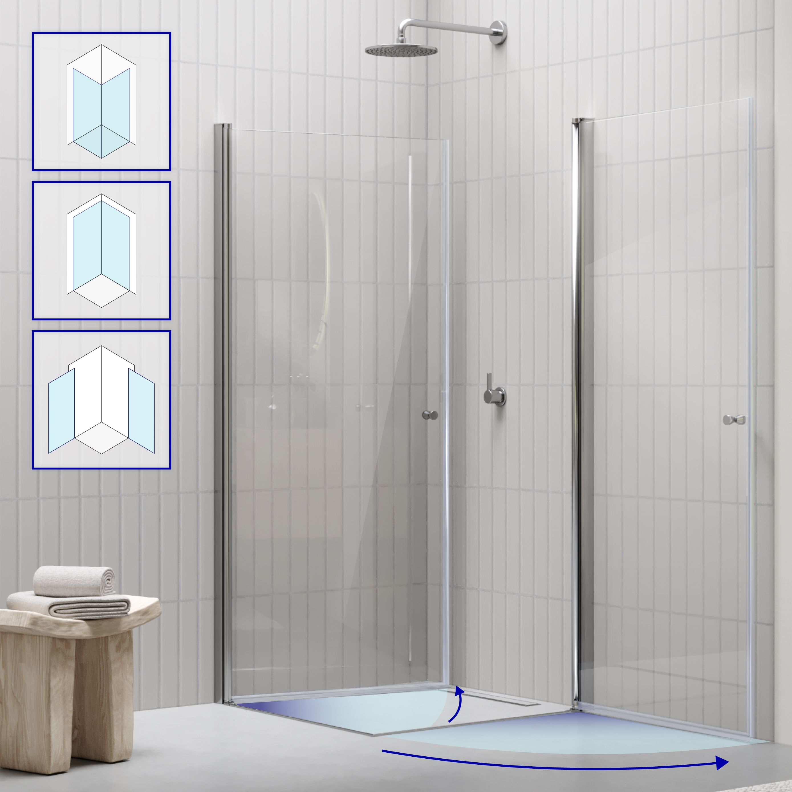 Corner Entry Gaia with Pivot Doors made of ESG Safety Glass Gaia – Eckeinstieg mit Pendeltüren aus ESG Sicherheitsglas