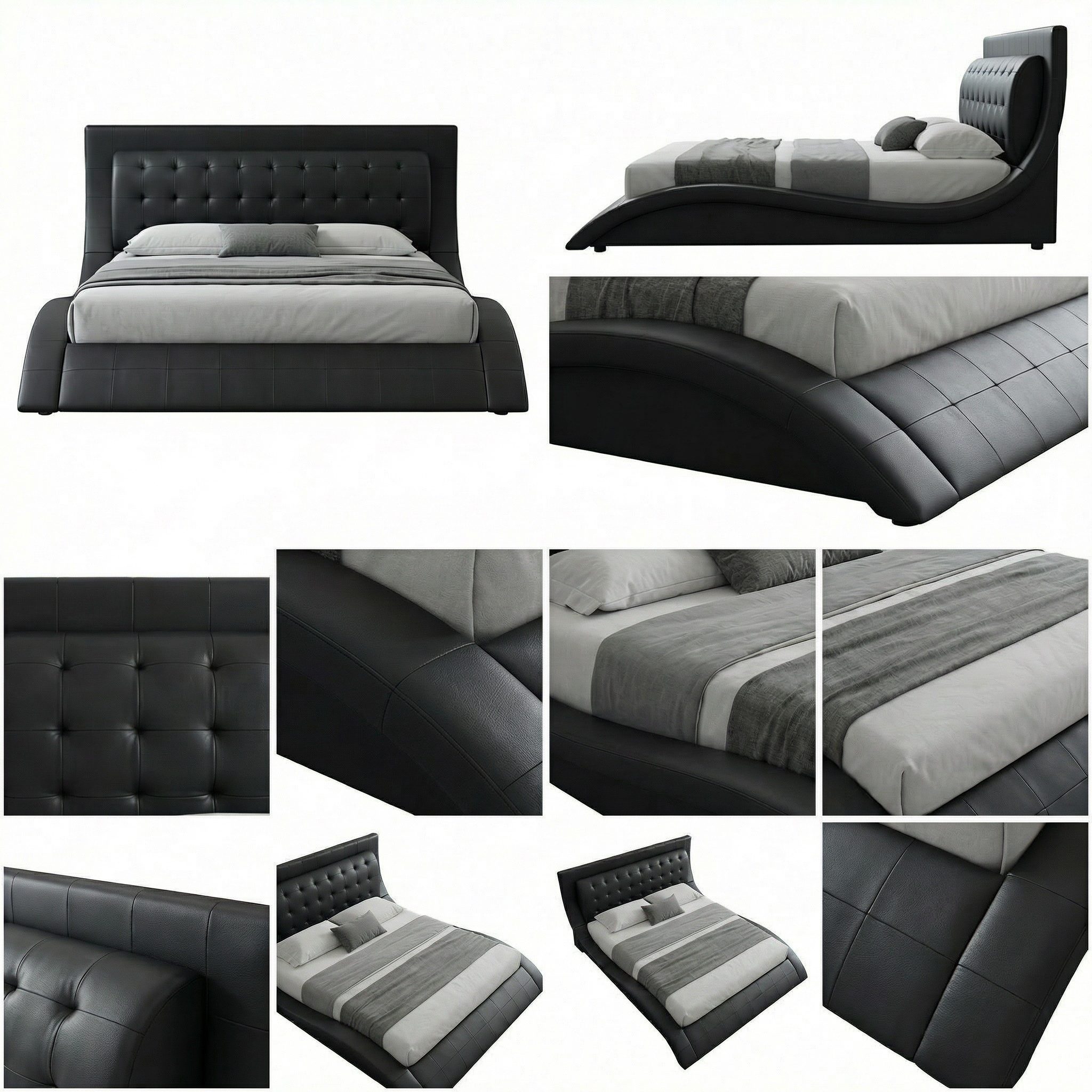 Design Upholstered Bed St. Tropez in Black with Leather Buttons Design Upholstered Bed St. Tropez in Black with Leather Buttons