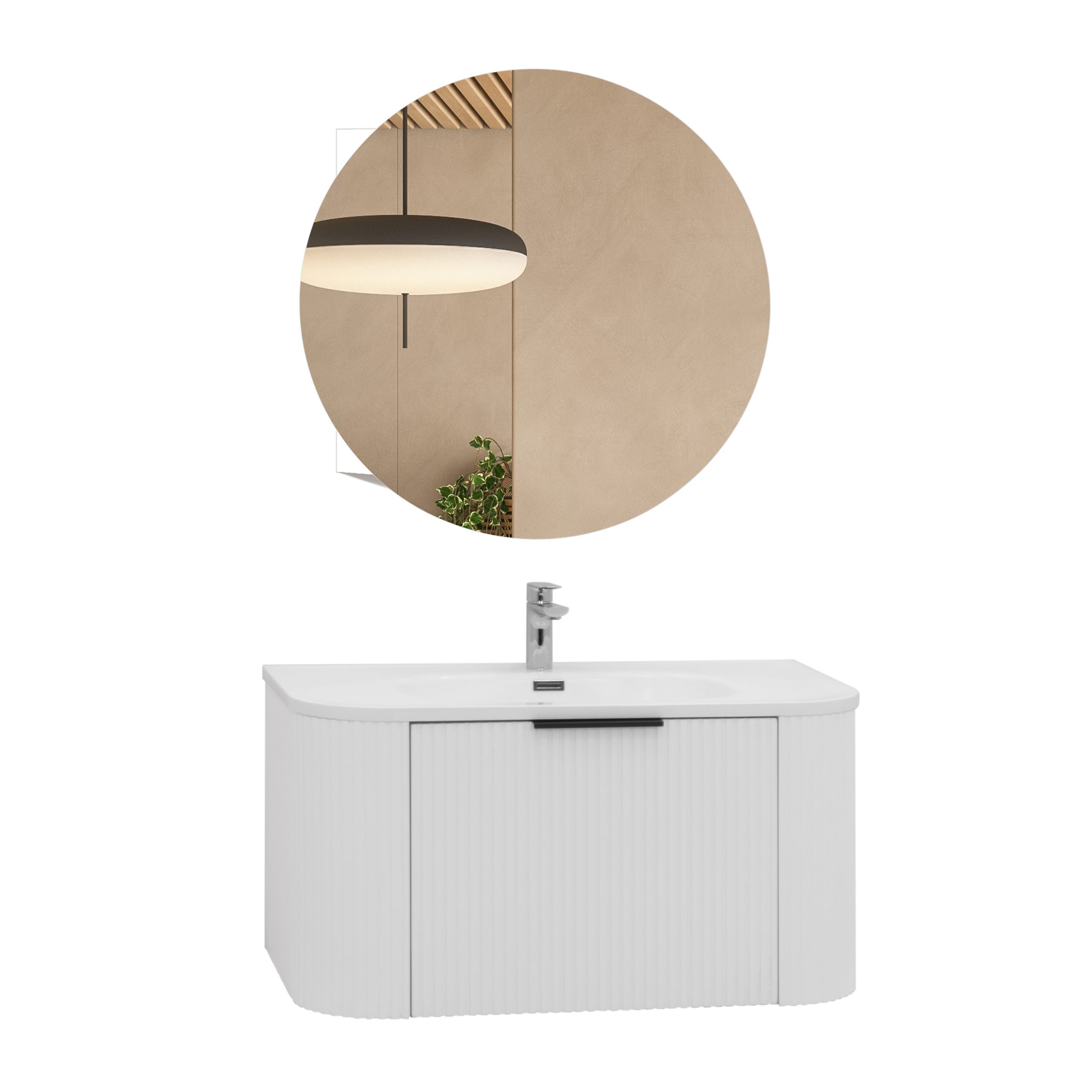 Badmöbel-Set Maia Plus White, wandhängend, mit lamellenförmigem Dekor, Mineralguss-Waschtisch und LED-Spiegel mit Antibeschlag Badmöbel-Set Maia Plus White, wandhängend, mit lamellenförmigem Dekor, Mineralguss-Waschtisch und LED-Spiegel mit Antibeschlag