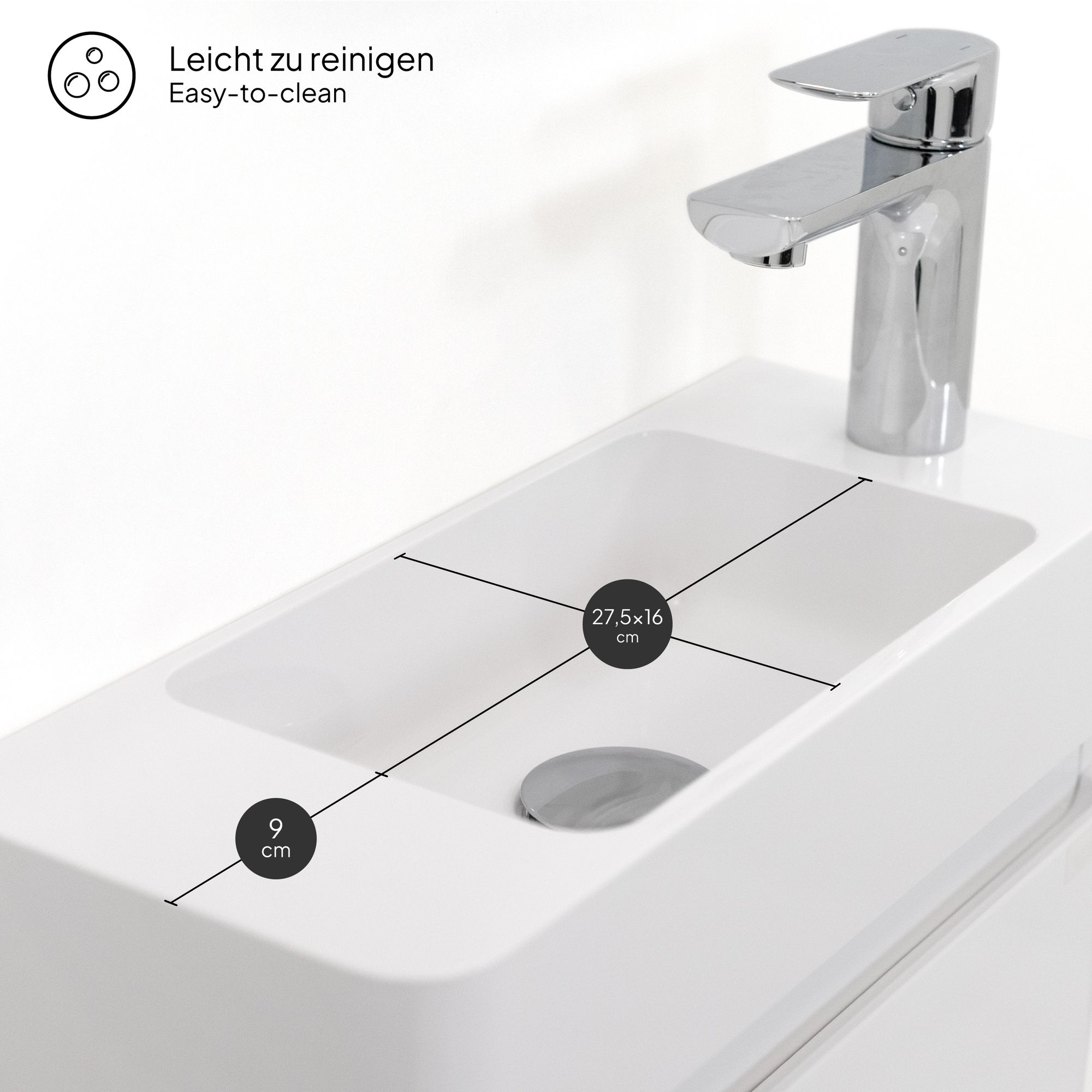 Kompakt-Badmöbel Galene 45 cm – Weiß Hochglanz, Mineralguss-Waschtisch, Wandhängend