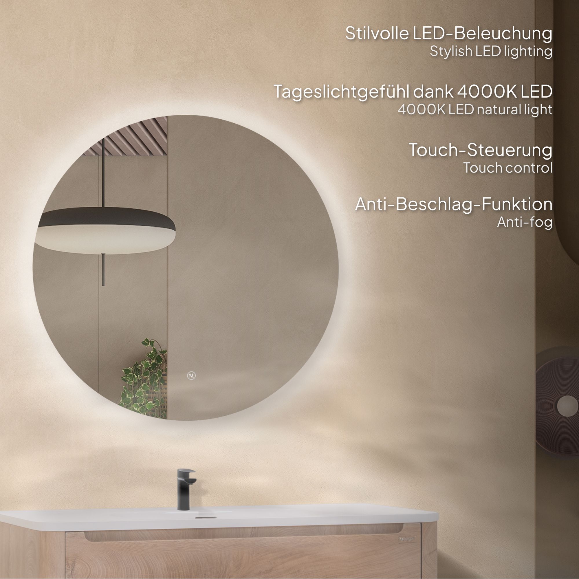 Badezimmermöbel Vesta – 100 cm Eiche hell, integriertes Waschbecken + LED-Spiegel Badezimmermöbel Vesta – 100 cm Eiche hell, integriertes Waschbecken + LED-Spiegel