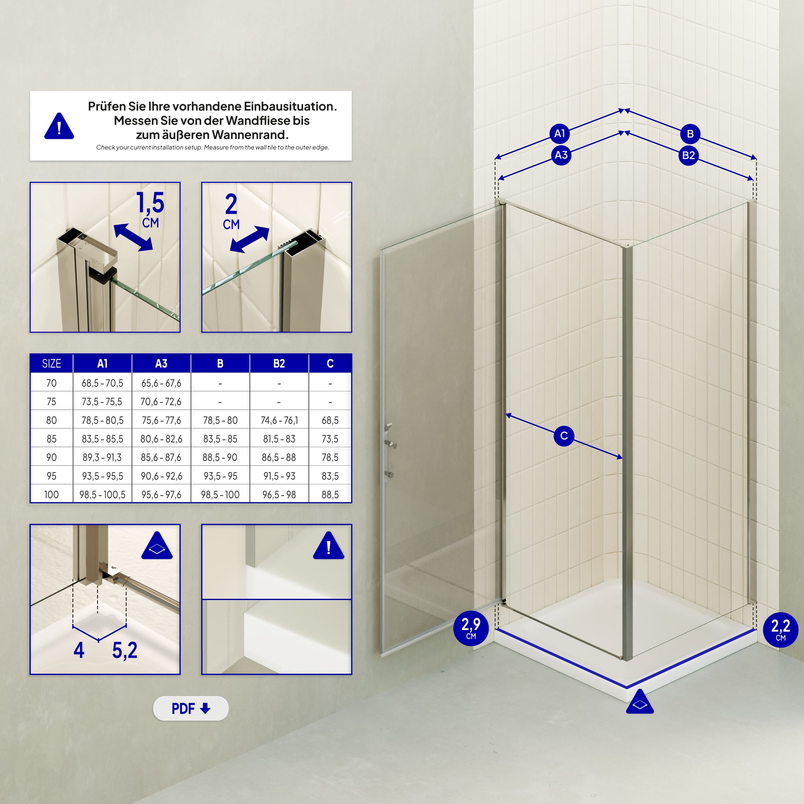Front-entry Nicole with folding door made of 8 mm tempered safety glass. Nicole – Fronteinstieg mit Klapptür aus 8 mm ESG Sicherheitsglas