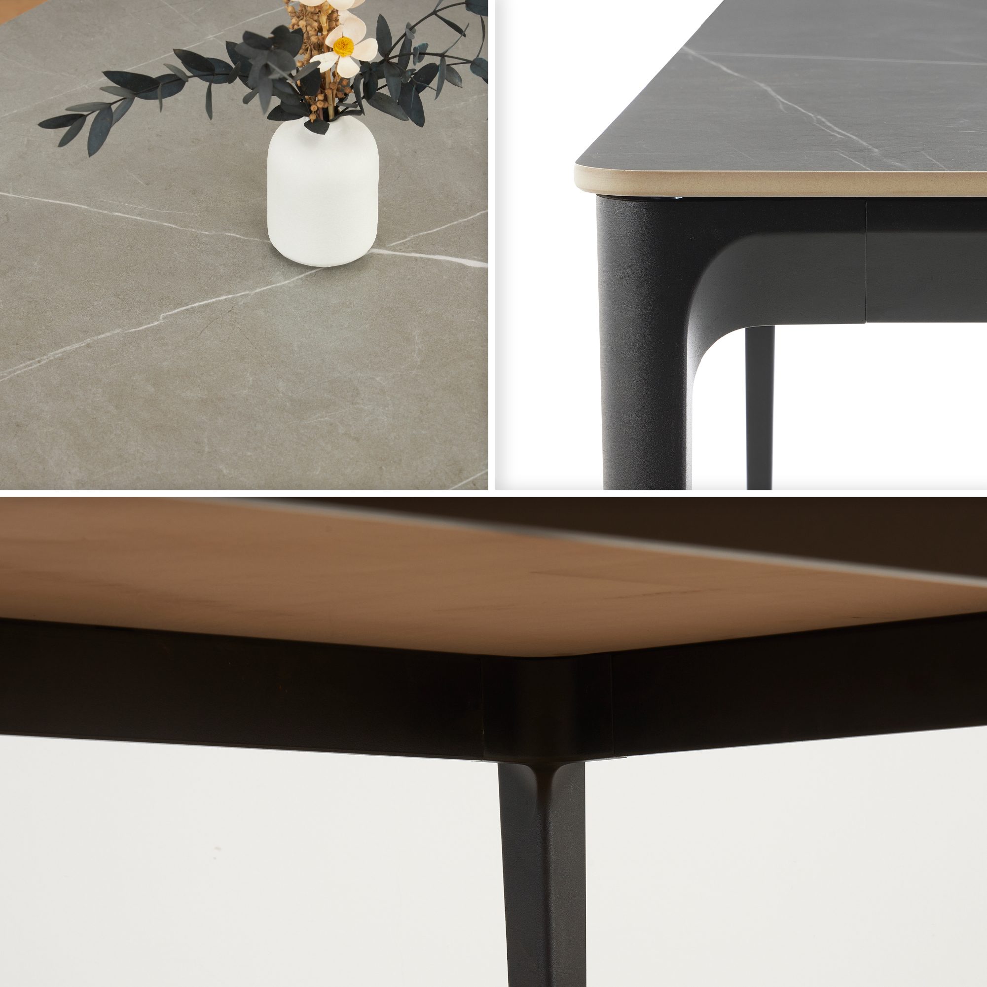 Esstisch RUTH aus gesinterter Keramik in Steinoptik und schwarzes Aluminiumgestell Esstisch RUTH aus gesinterter Keramik in Steinoptik und schwarzes Aluminiumgestell