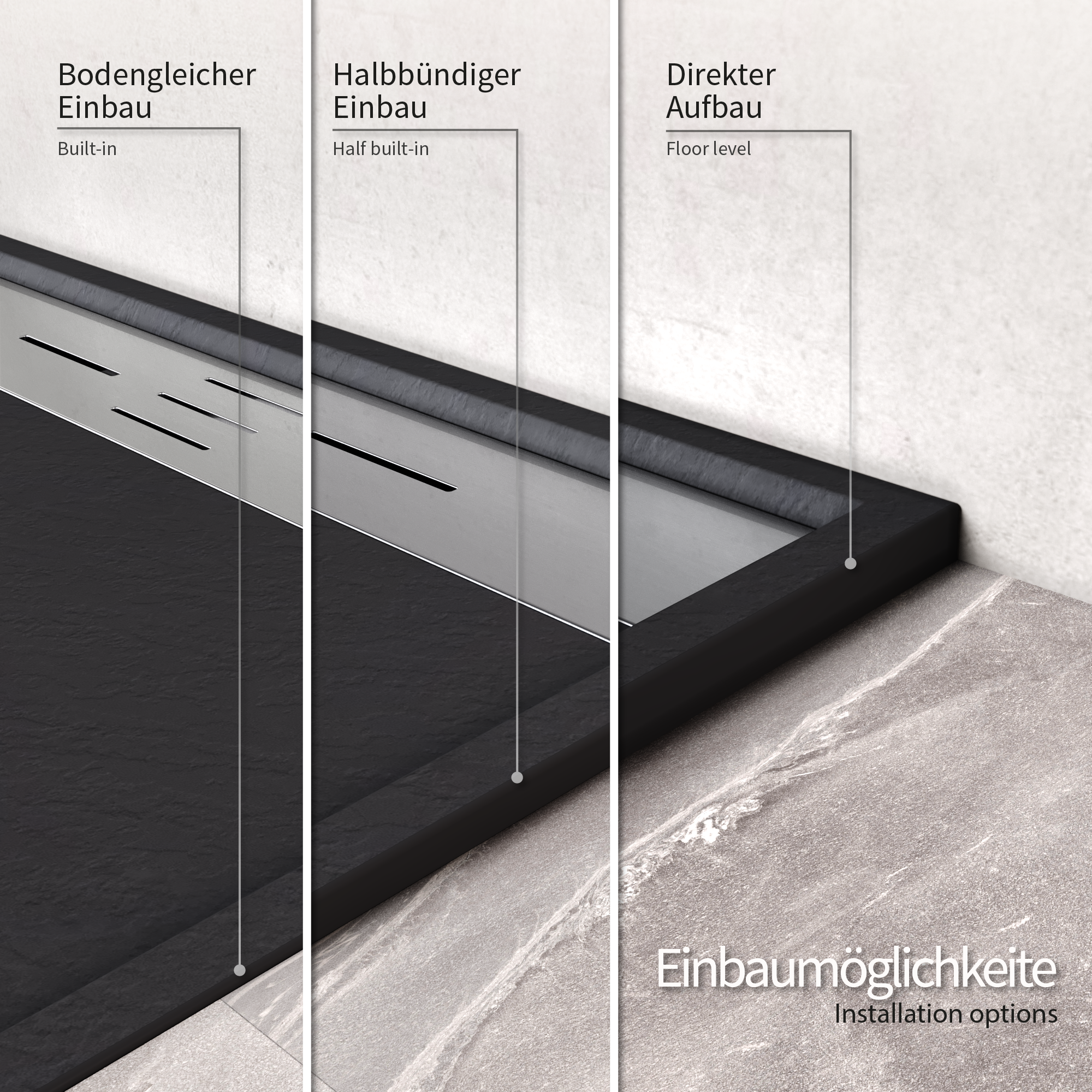 Hiemal – SMC Duschwanne in Schieferoptik inkl. Ablaufgarnitur Schwarz mit Edelstahldeckel