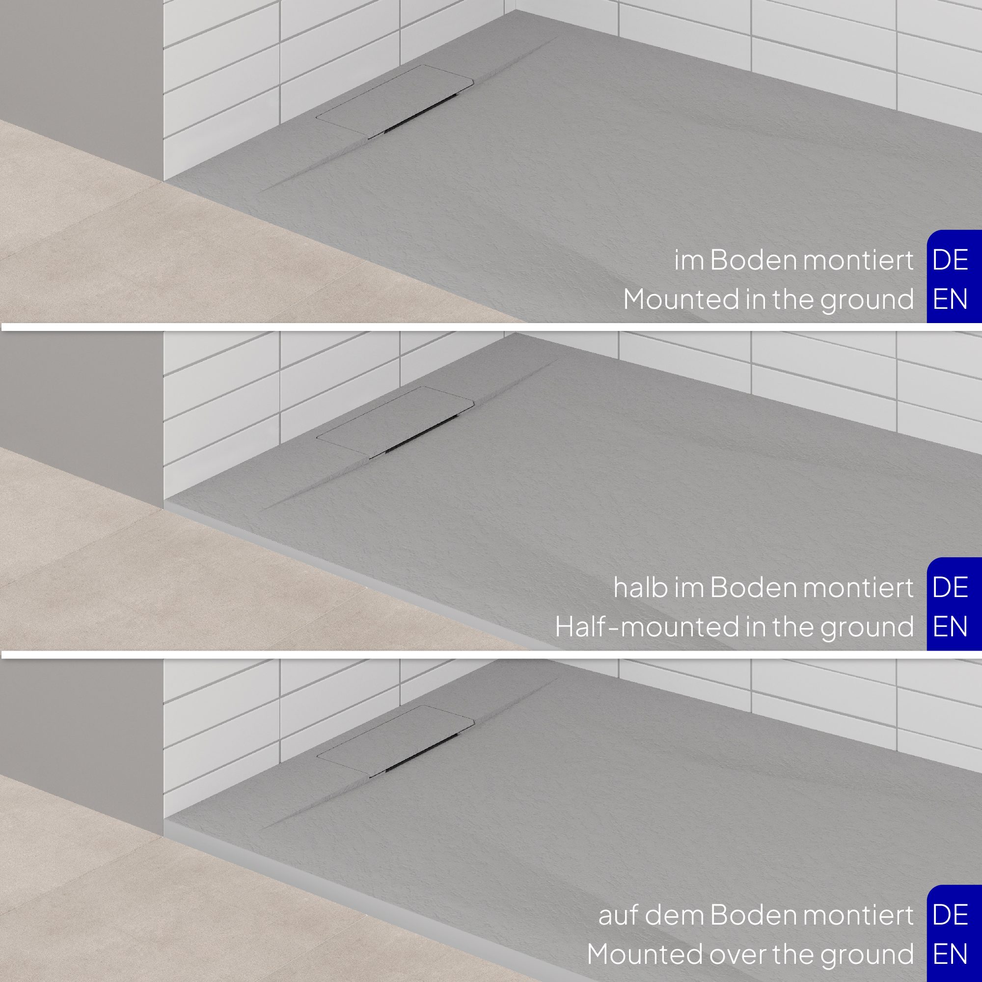 SMC Shower Tray Polar in Stone Look with Drain Assembly - Gray
