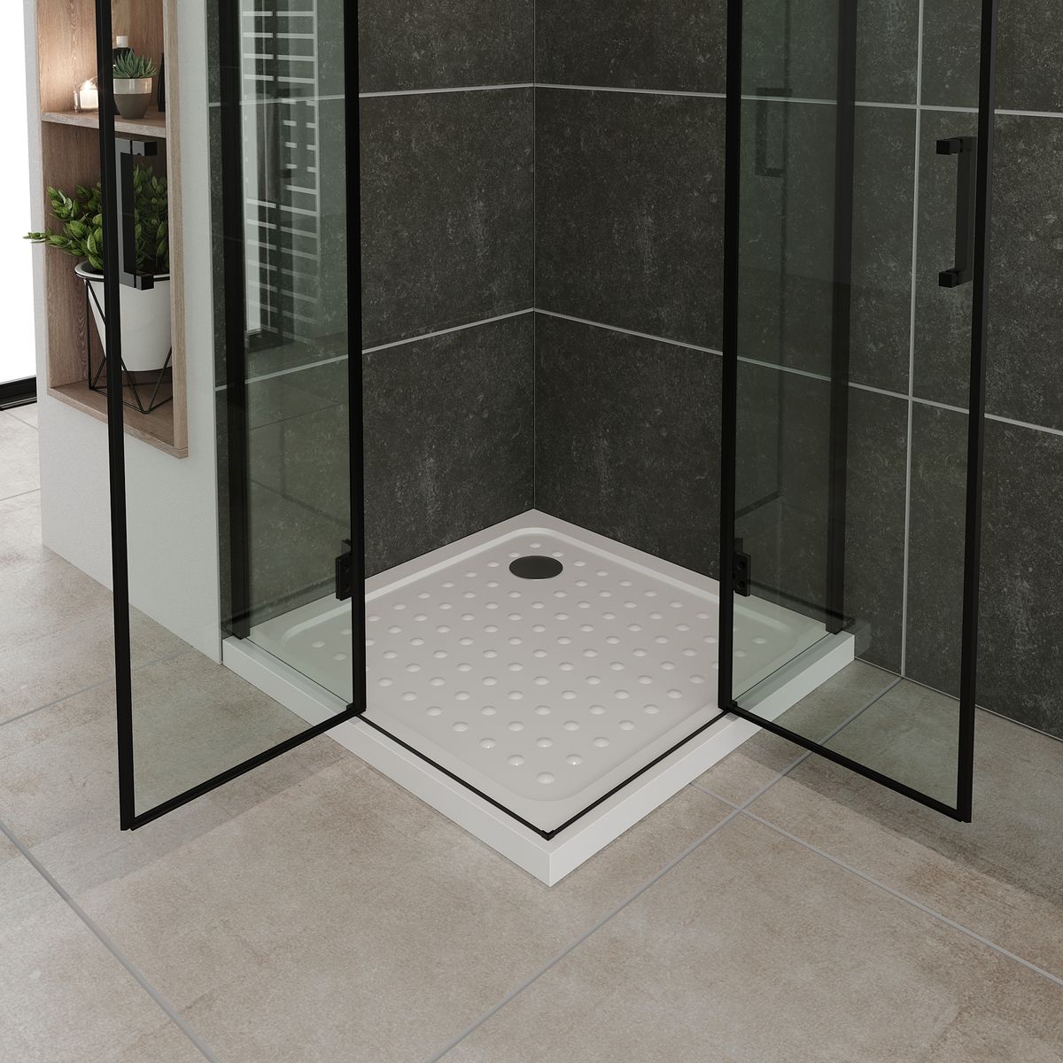 Eckeinstieg Celine mit Klapptüren und schwarzen Profilen aus ESG Sicherheitsglas