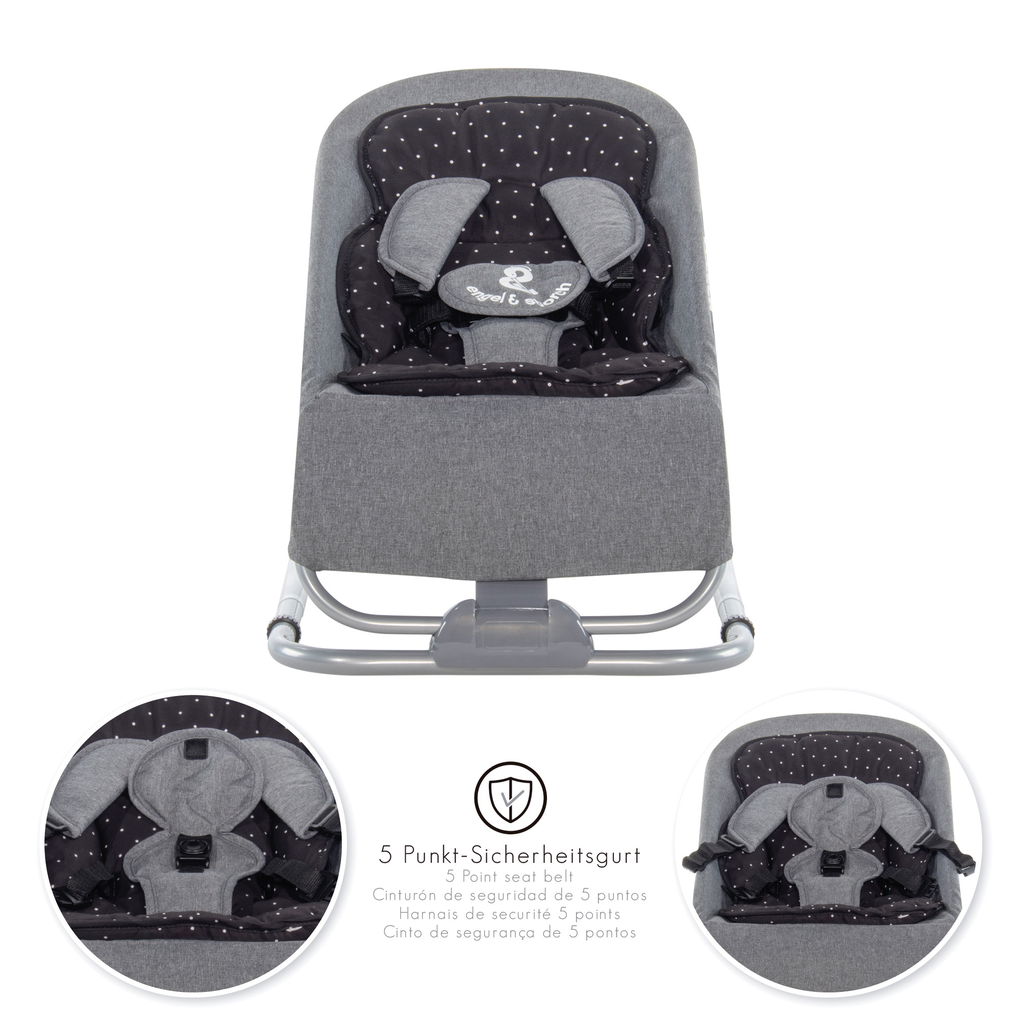 Babywippe VIENO mit abnehmbarem Bezug und Spielebogen Grau + Schwarz weiße Punkte Babywippe VIENO mit abnehmbarem Bezug und Spielebogen Grau + Schwarz weiße Punkte