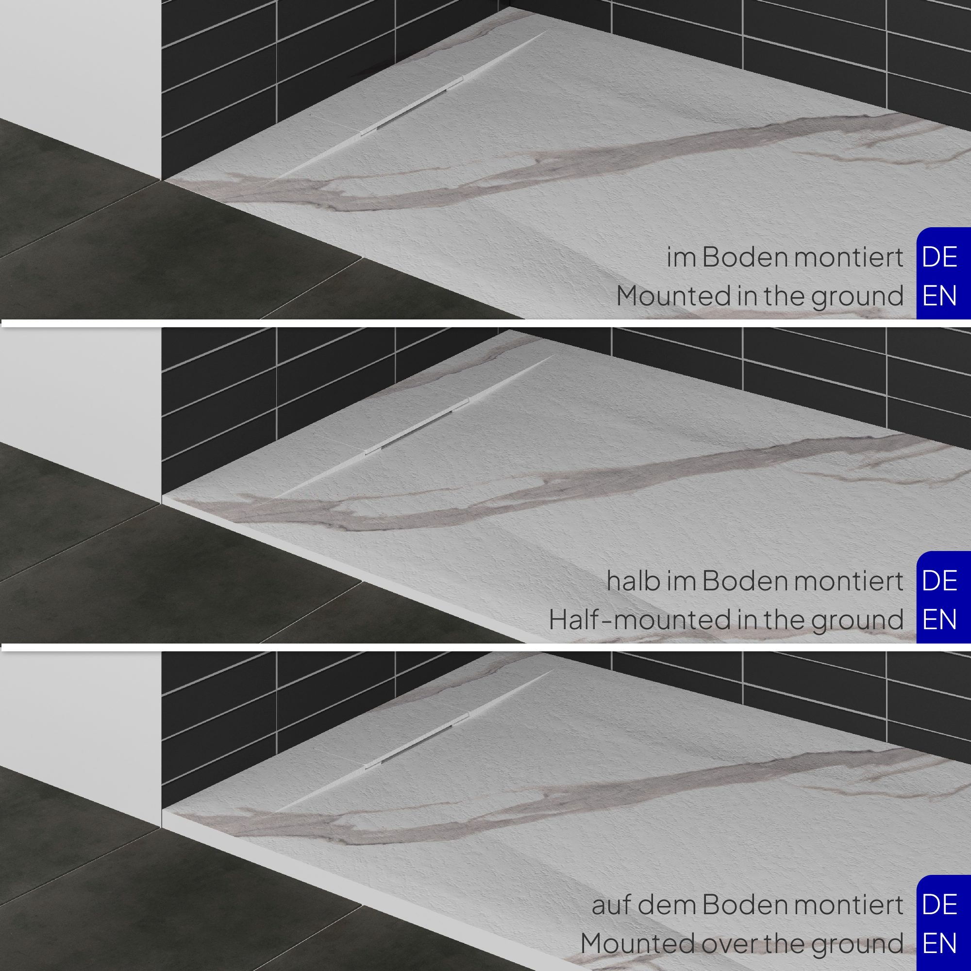 SMC Shower Tray Polar in Marble Look with Drain Assembly - White