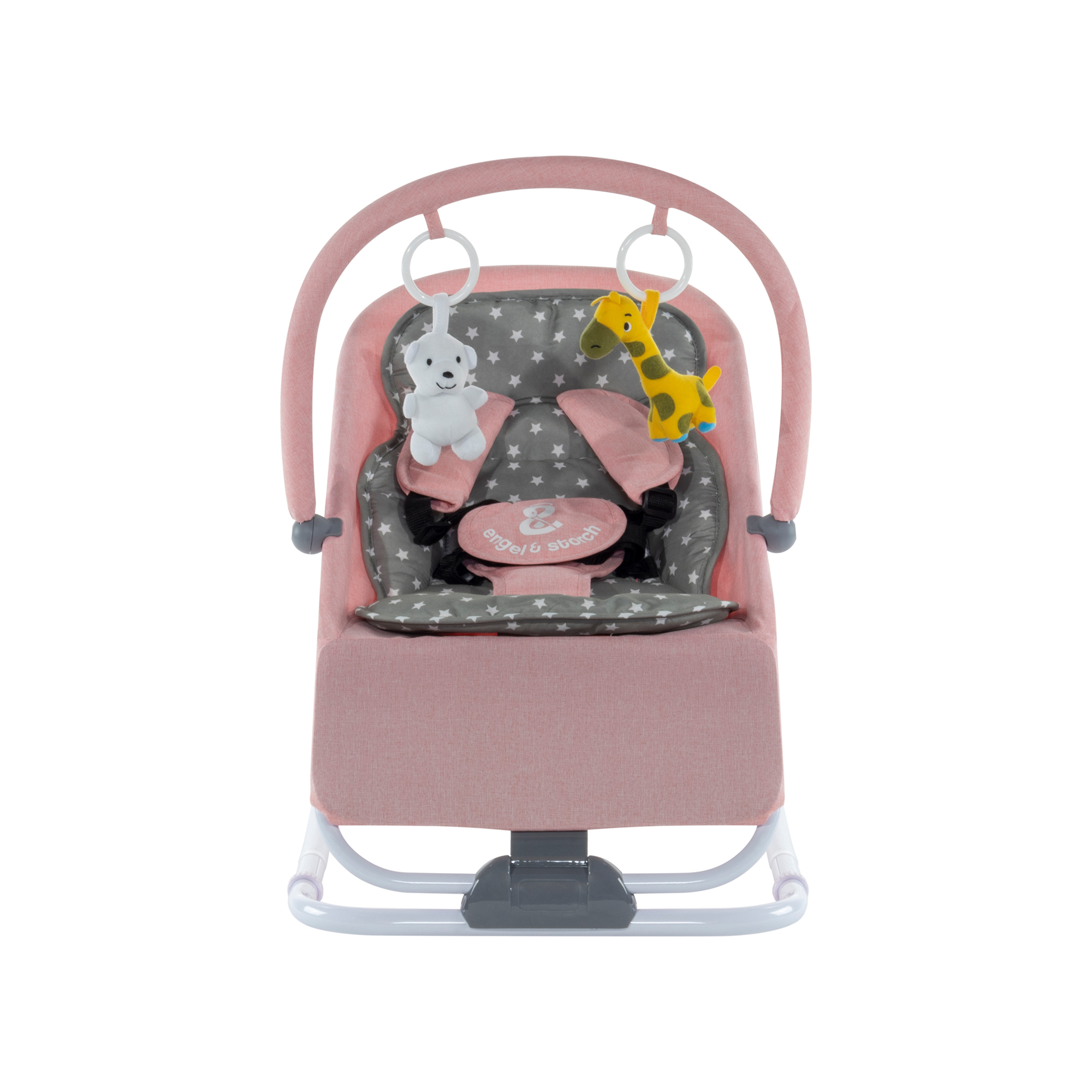 Babywippe VIENO mit abnehmbarem Bezug und Spielebogen Rosa + Grau weiße Sterne Babywippe VIENO mit abnehmbarem Bezug und Spielebogen Rosa + Grau weiße Sterne