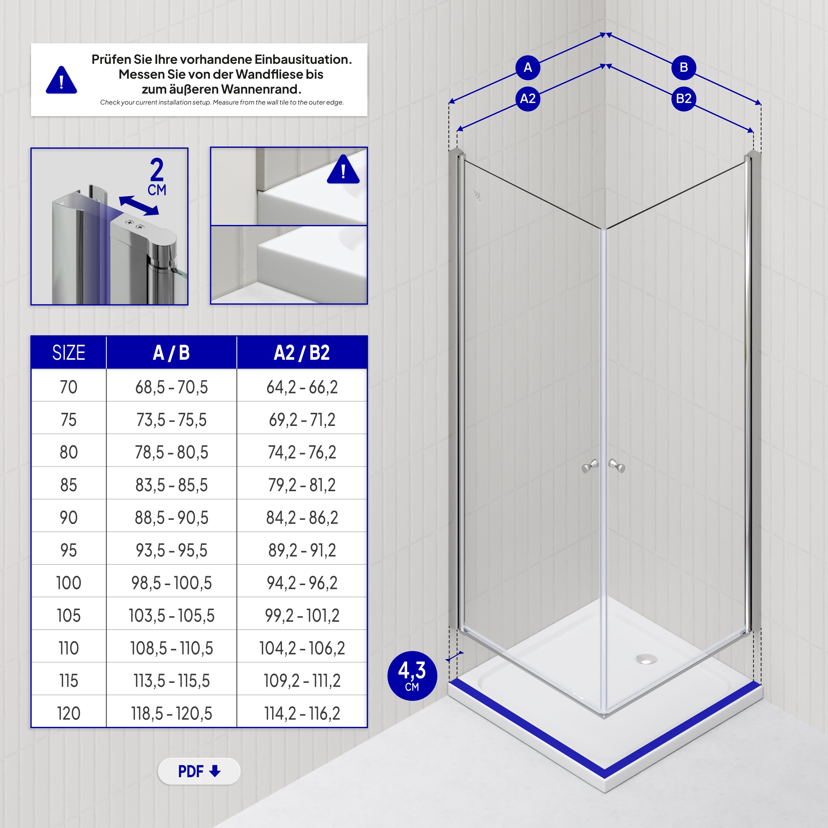 Corner Entry Gaia with Pivot Doors made of ESG Safety Glass Gaia – Eckeinstieg mit Pendeltüren aus ESG Sicherheitsglas