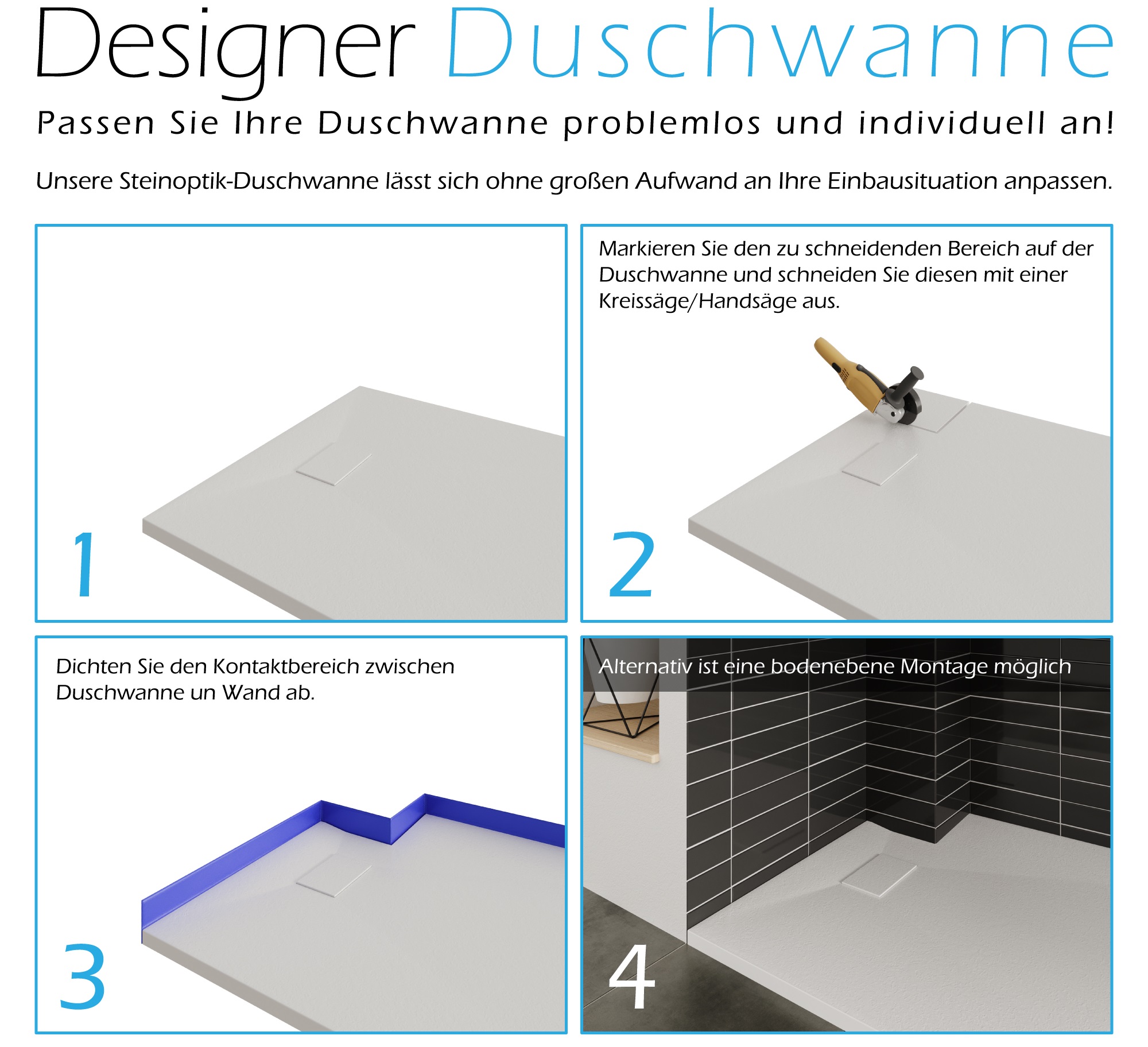 SMC Duschwanne Boreal in Stein-Optik inkl. Ablaufgarnitur - Weiß 70x160 cm