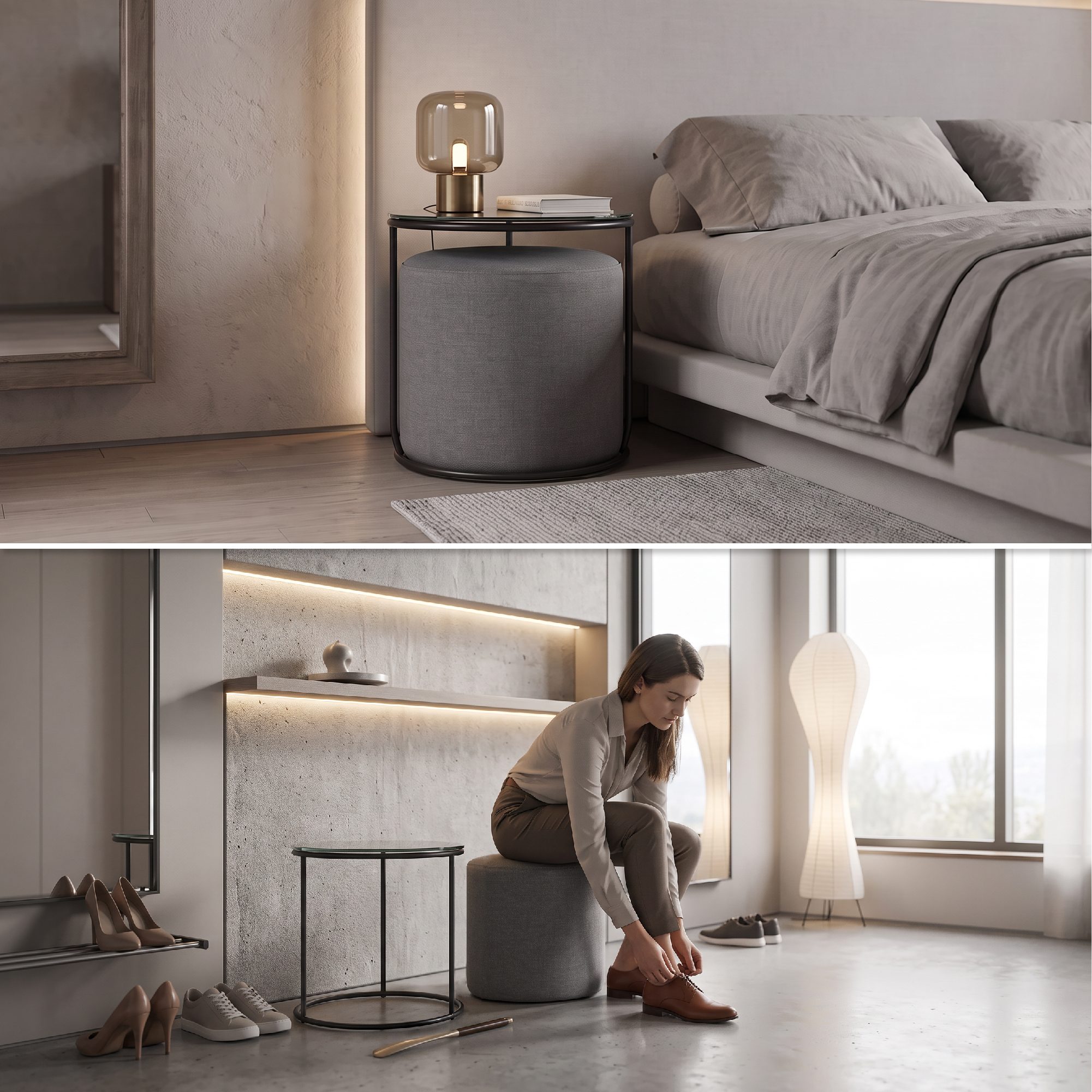 Side Table with Stool JASPER Round Coffee Table 40x40 cm Black-Grey N0