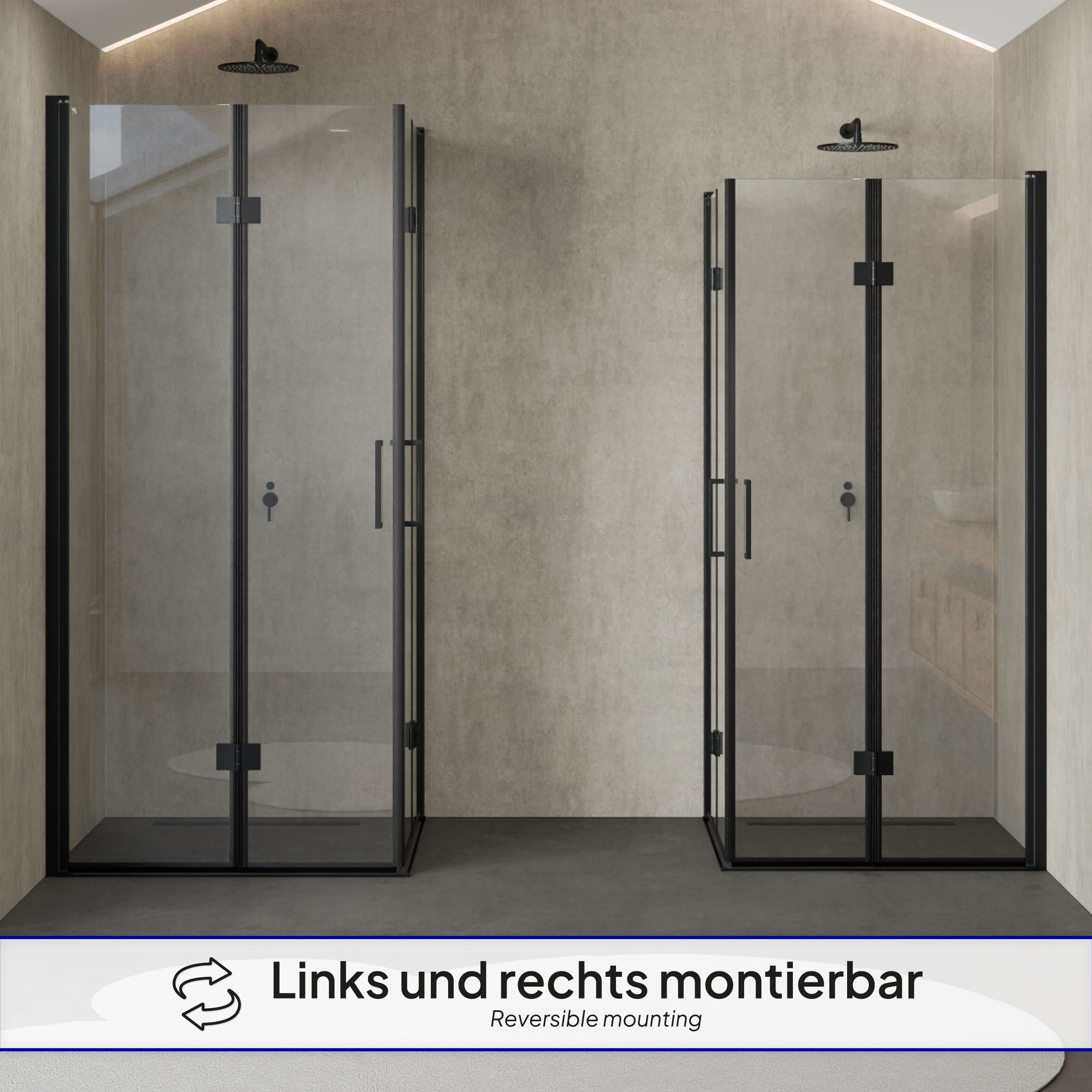 Corner entry Belle with folding doors and black profiles made of ESG safety glass. Corner entry Belle with folding doors and black profiles made of ESG safety glass.