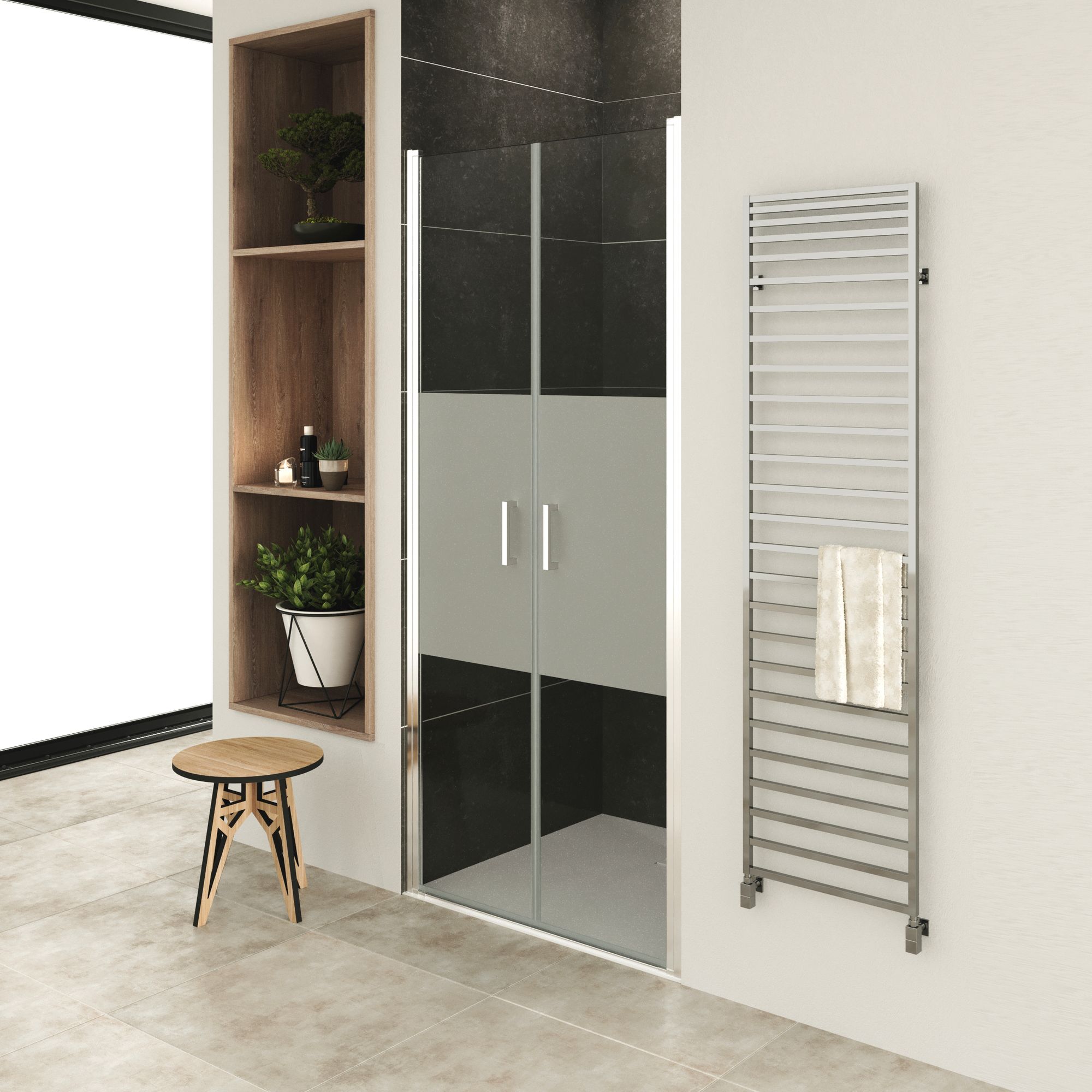 Shower Door Lara with Hinged Doors and Stainless Steel Handles, 68-104 cm, made of Partially Frosted ESG Safety Glass Shower Door Lara with Hinged Doors and Stainless Steel Handles, 68-104 cm, made of Partially Frosted ESG Safety Glass