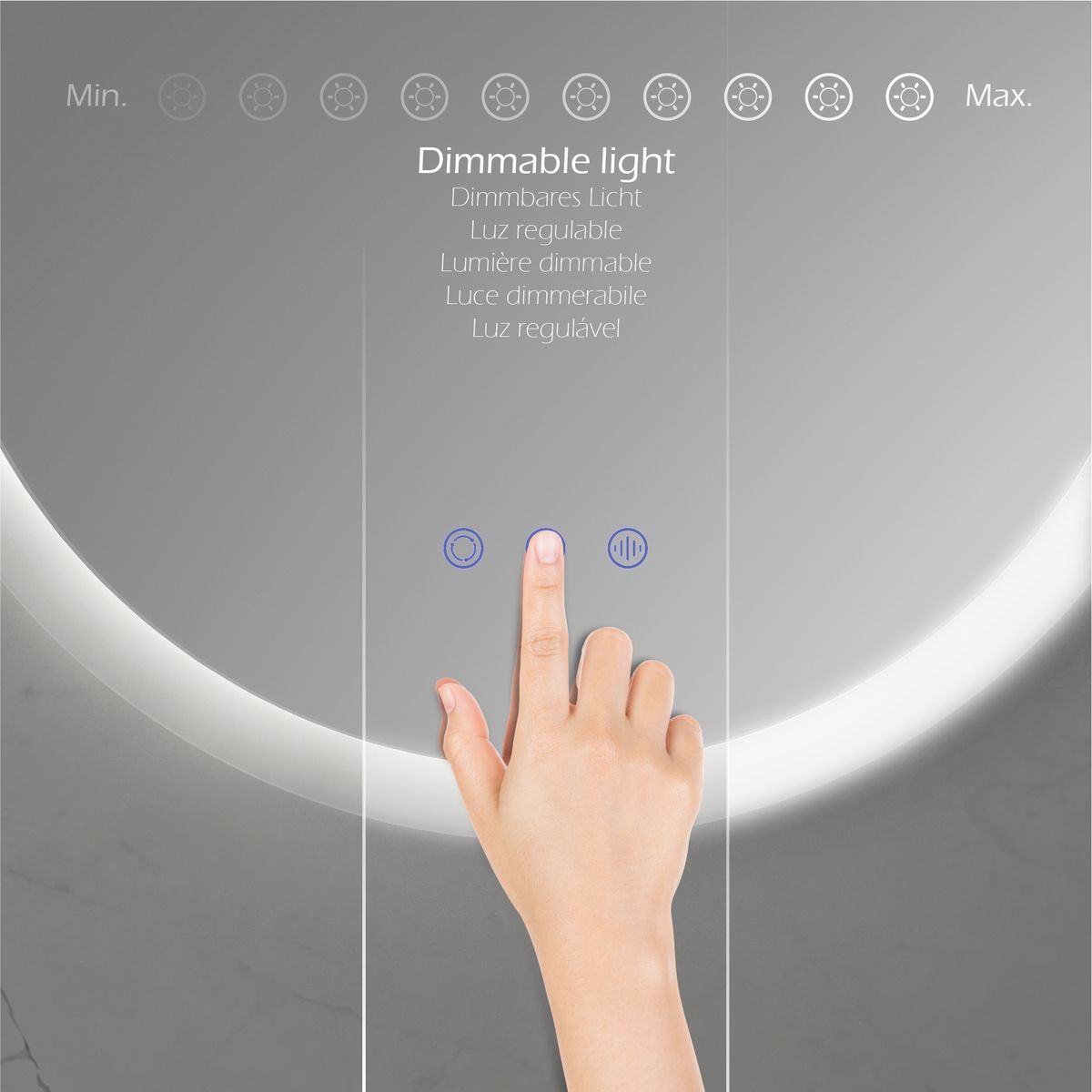 Runder LED Badspiegel RADIUS Badezimmerspiegel mit dimmbarer Beleuchtung, Farbwechsel und Antibeschlag-Funktion IP44 RADIUS – Runder LED Badspiegel Badezimmerspiegel mit dimmbarer Beleuchtung, Farbwechsel und Antibeschlag-Funktion IP44