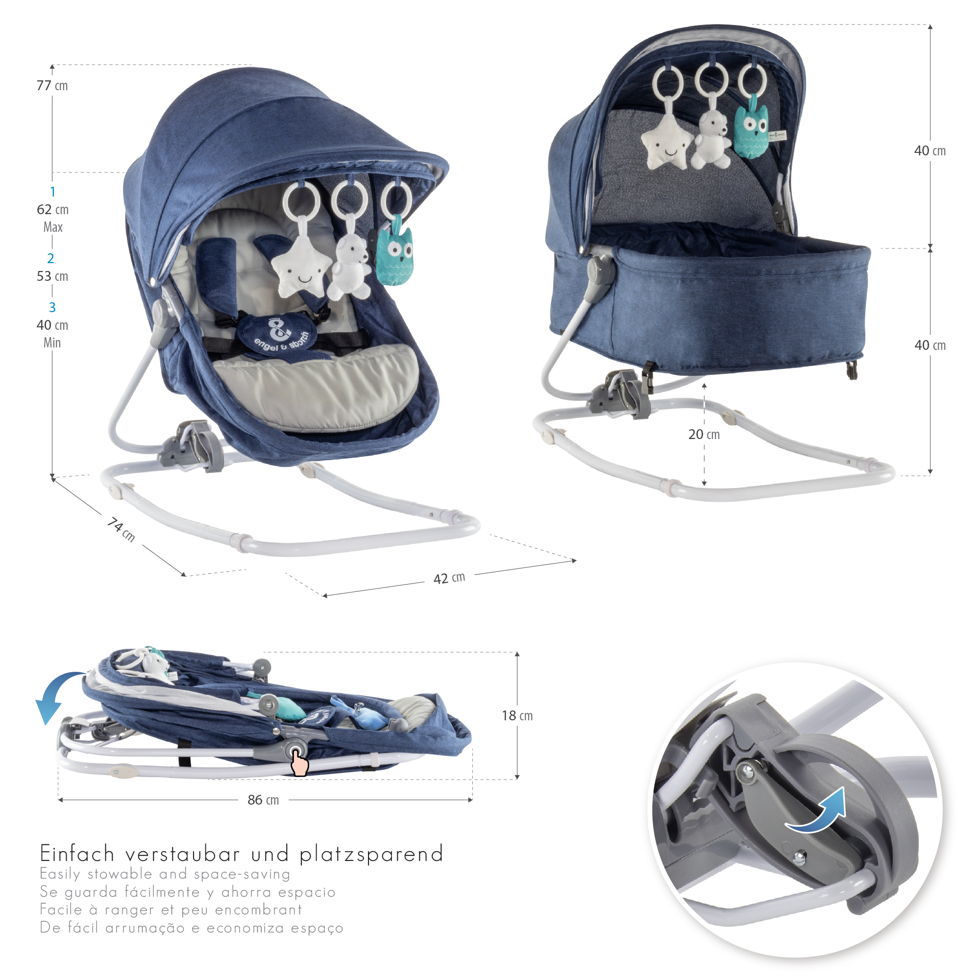 Babywippe PAVO mit Wiegenfunktion und Spielebogen